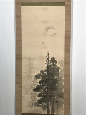 Japanese Hanging Scroll Vtg Trees Flying Bird Black Ink Kakejiku Chagake SC915