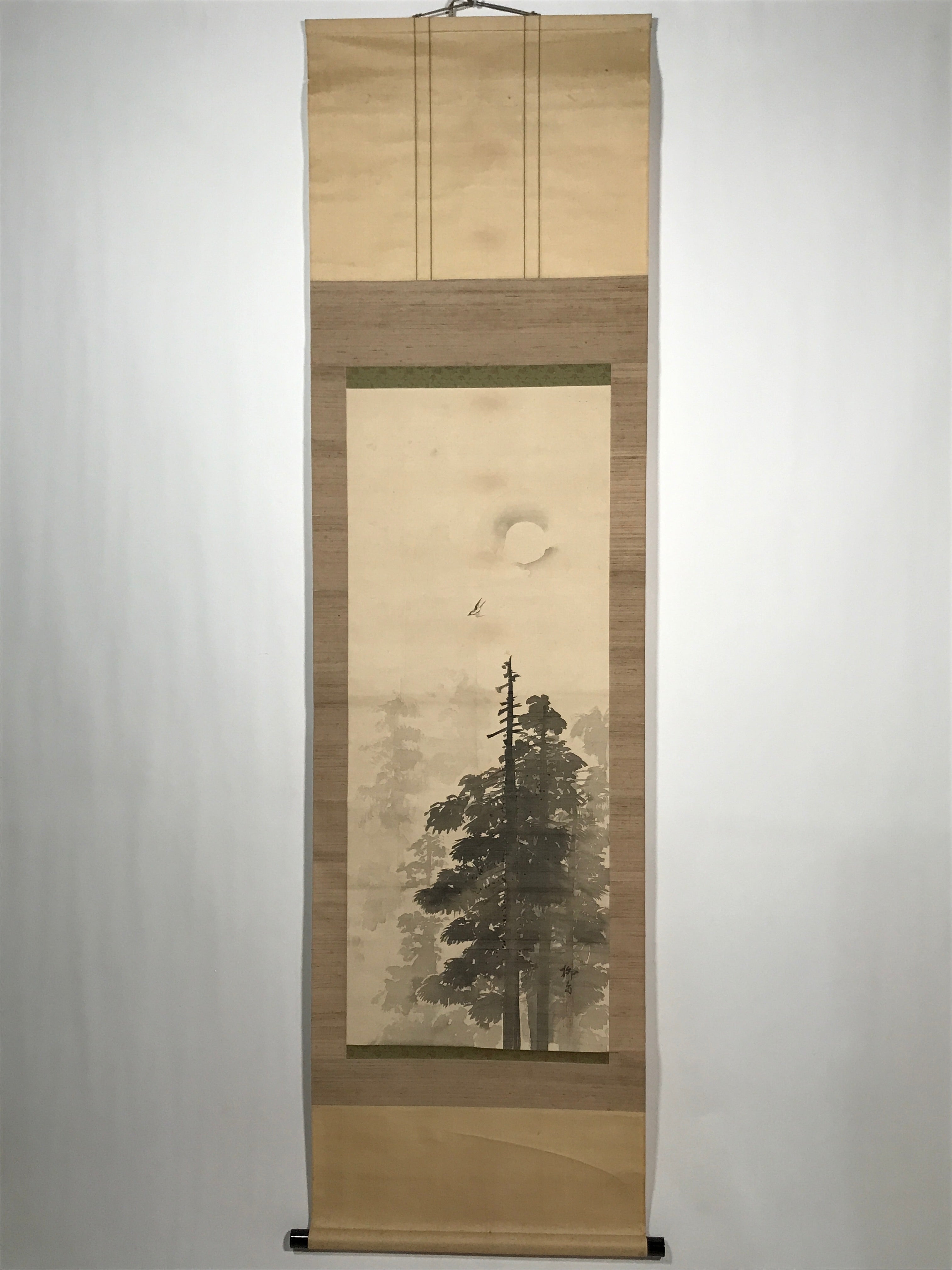 Japanese Hanging Scroll Vtg Trees Flying Bird Black Ink Kakejiku Chagake SC915