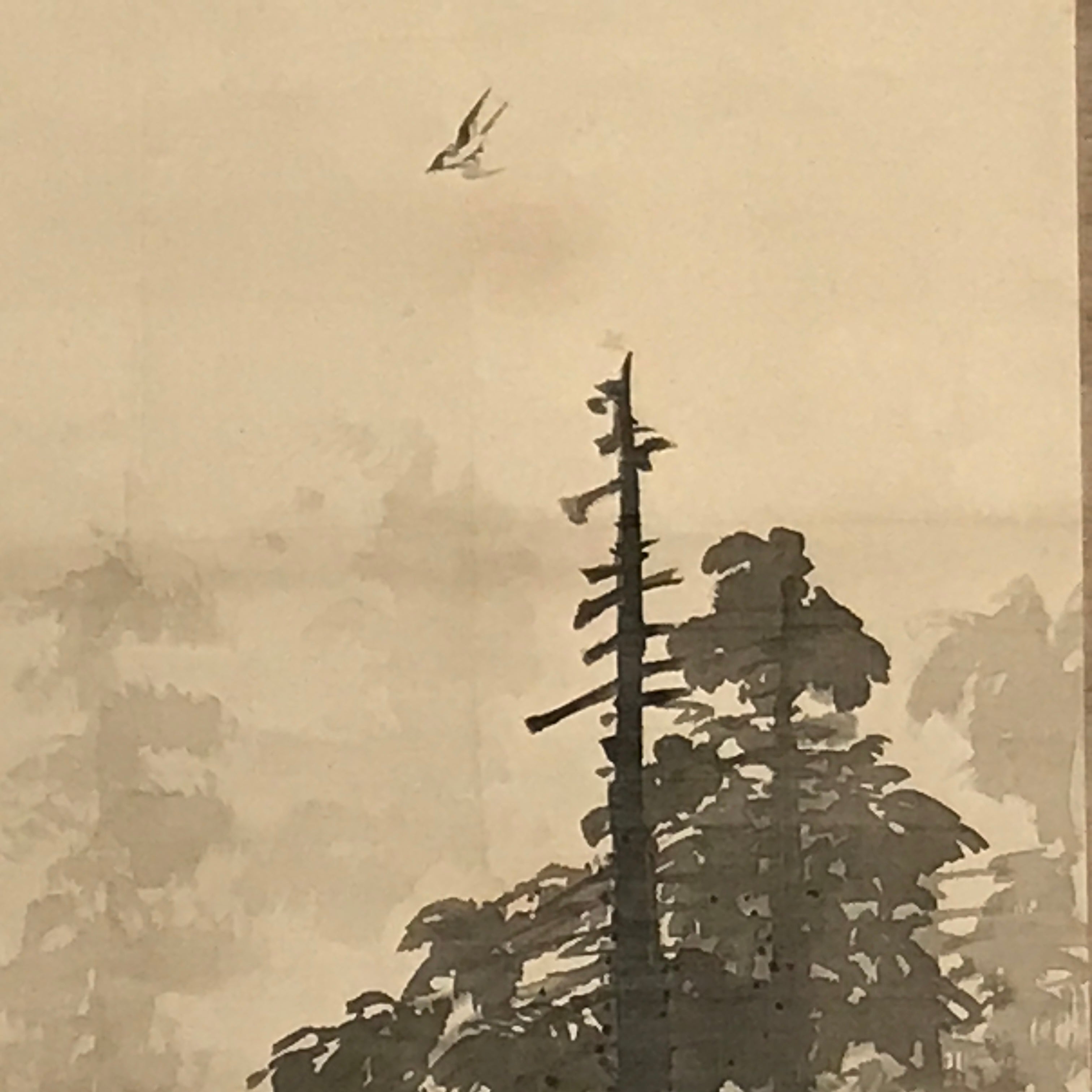 Japanese Hanging Scroll Vtg Trees Flying Bird Black Ink Kakejiku Chagake SC915