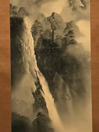Japanese Hanging Scroll Vtg Waterfall Moutains Trees Monochrome Kakejiku SC859