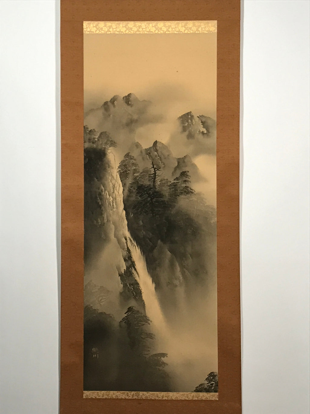 Japanese Hanging Scroll Vtg Waterfall Moutains Trees Monochrome Kakejiku SC859