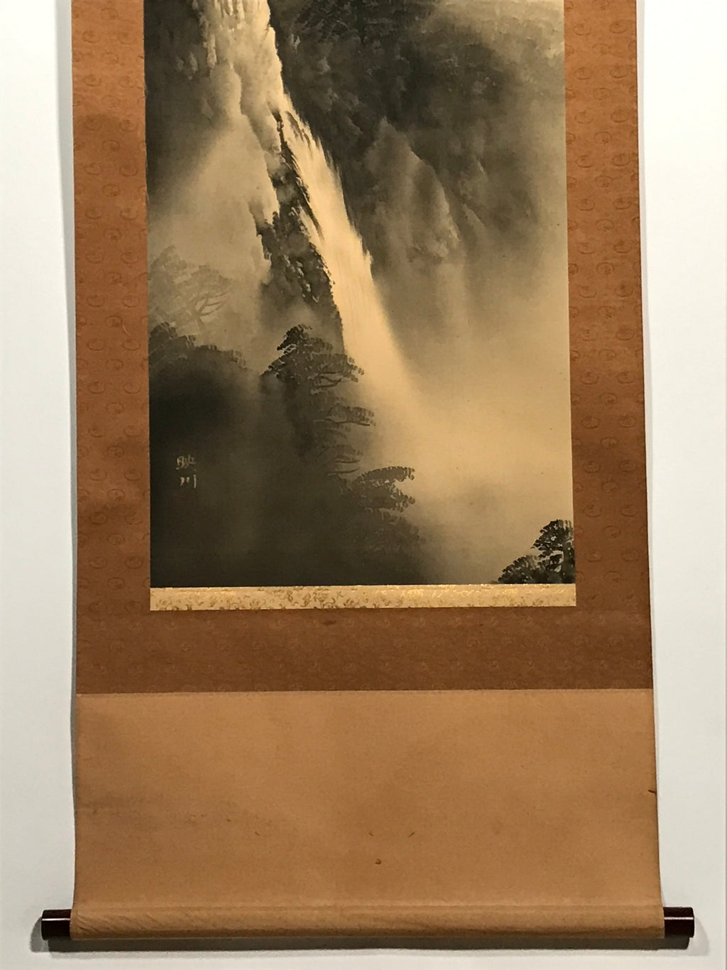 Japanese Hanging Scroll Vtg Waterfall Moutains Trees Monochrome Kakejiku SC859