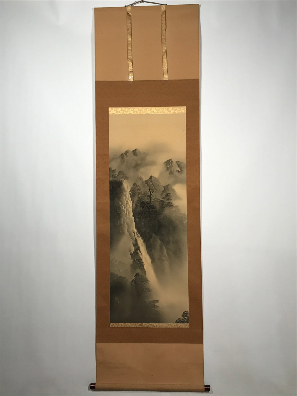 Japanese Hanging Scroll Vtg Waterfall Moutains Trees Monochrome Kakejiku SC859
