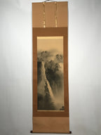 Japanese Hanging Scroll Vtg Waterfall Moutains Trees Monochrome Kakejiku SC859