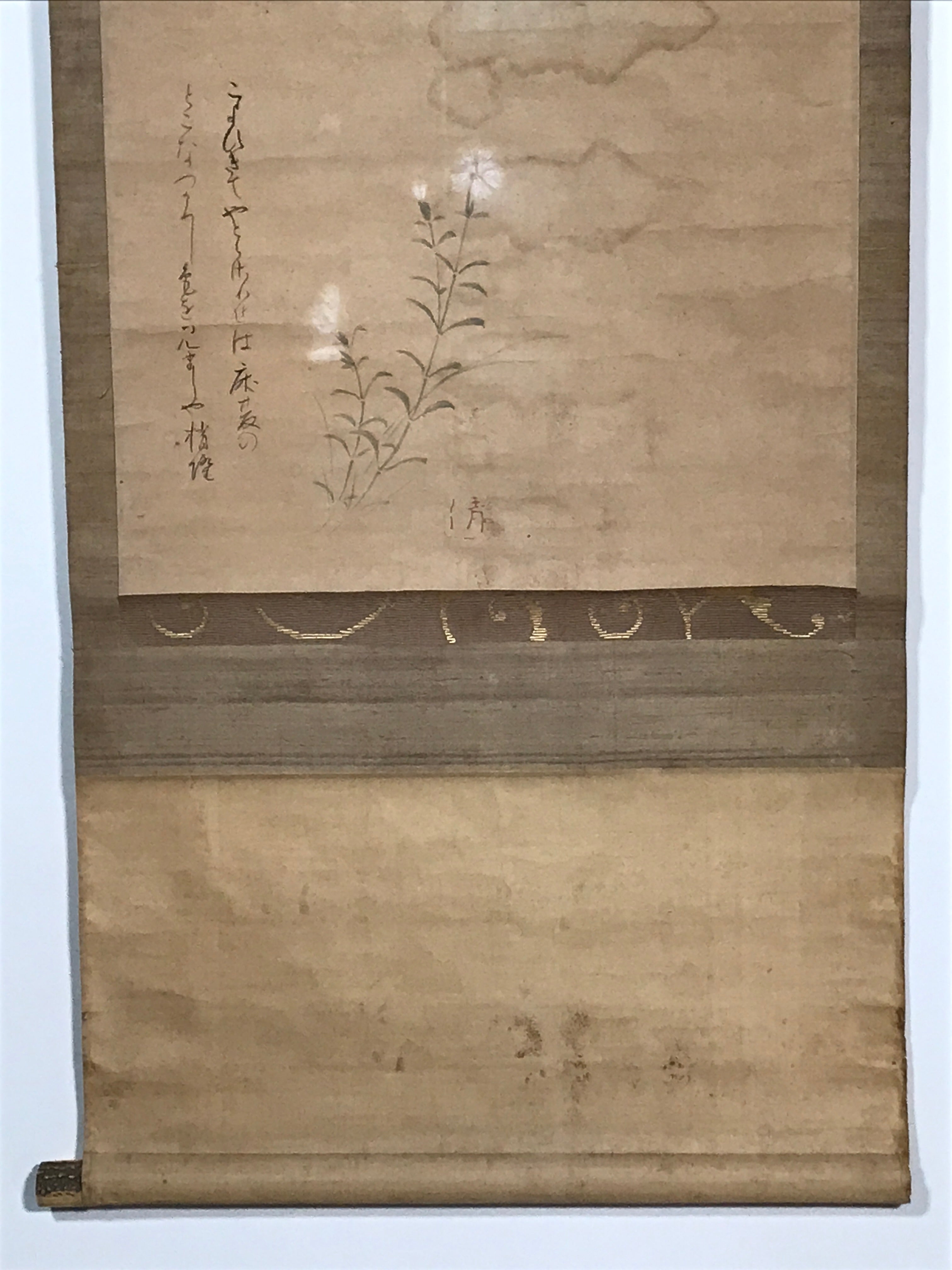 Japanese Hanging Scroll Vtg White Flower Poem Kakejiku Chagake SC940