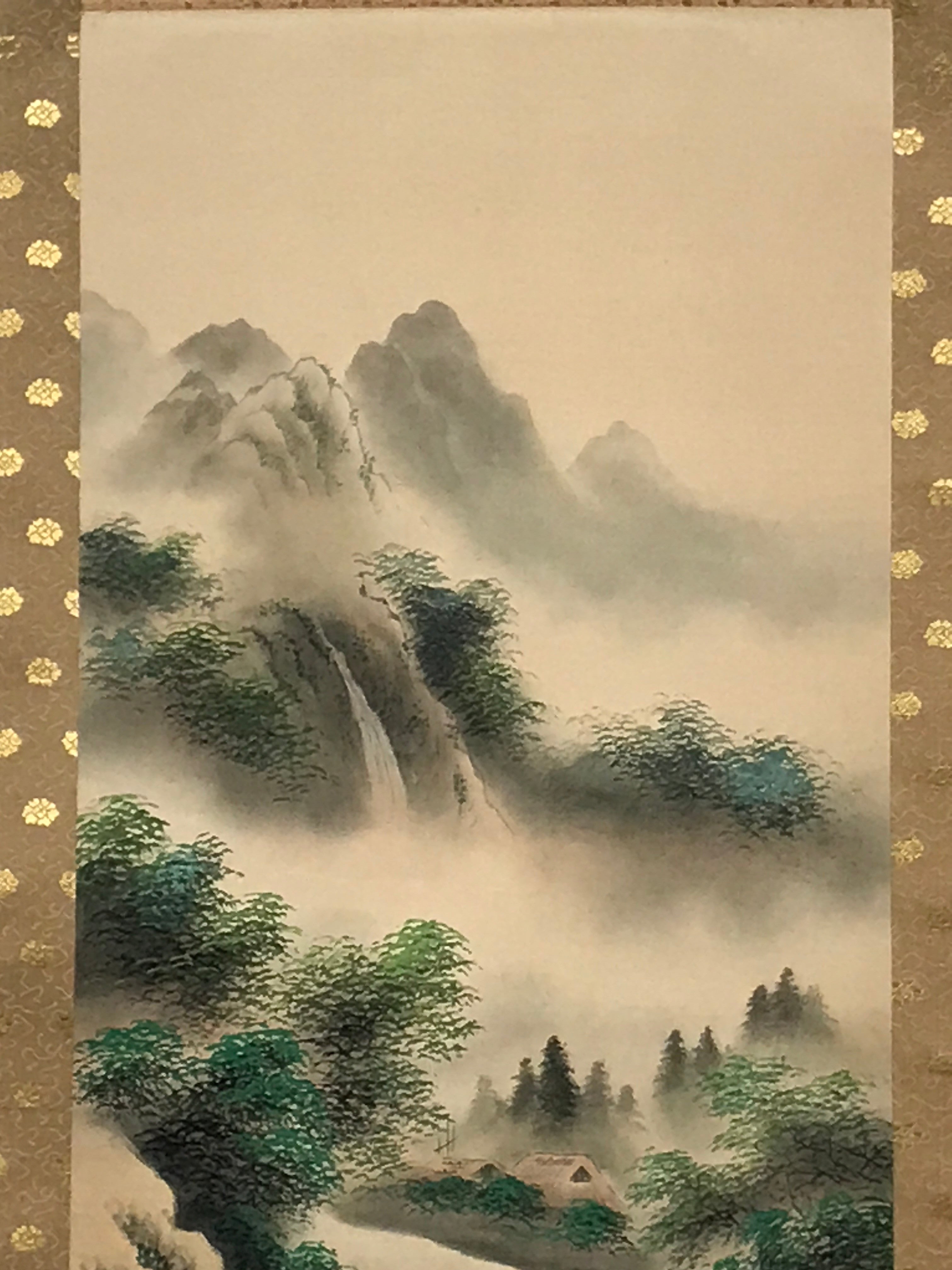 Japanese Hanging Scroll Waterfall River Bridge Mountain Sansui Kakejiku SC829