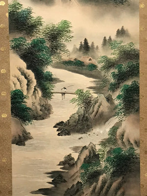 Japanese Hanging Scroll Waterfall River Bridge Mountain Sansui Kakejiku SC829