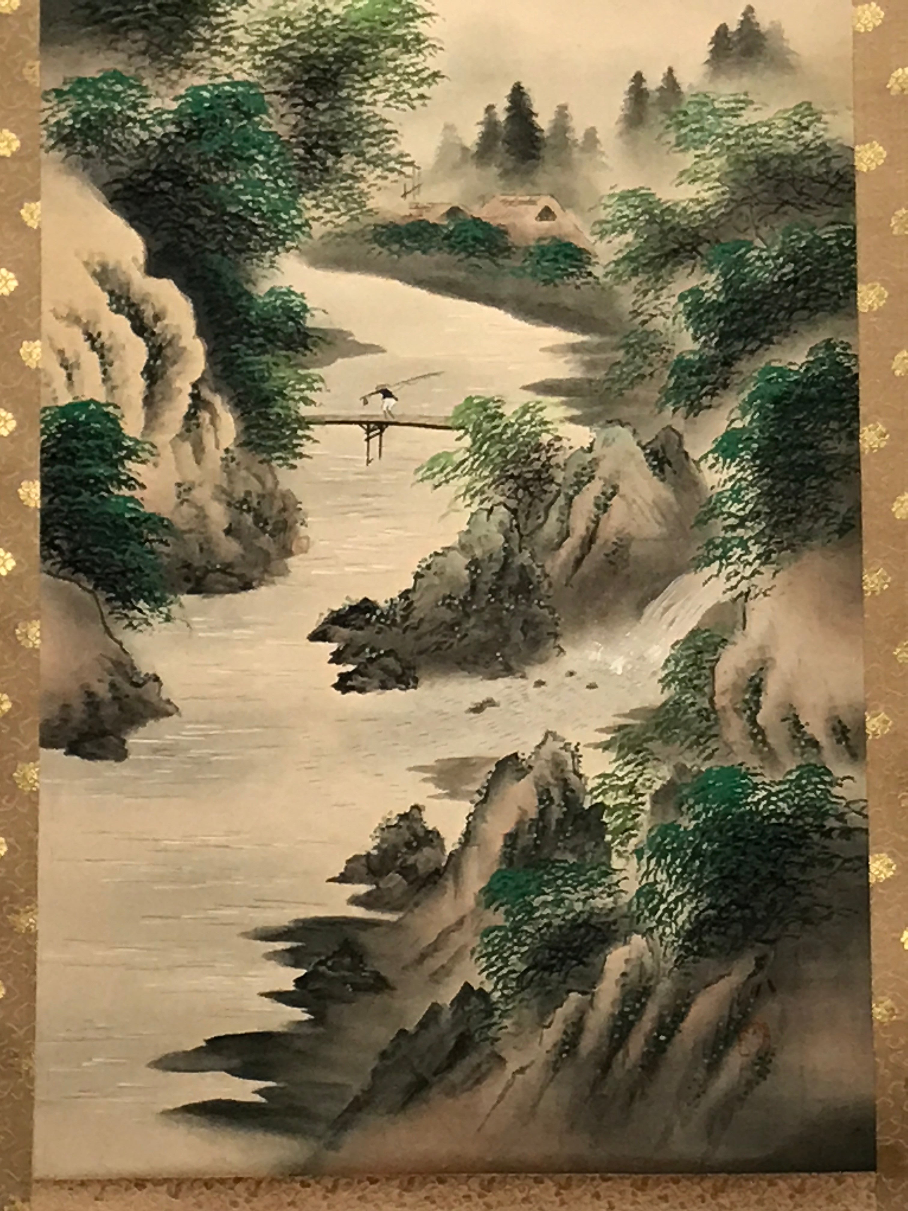 Japanese Hanging Scroll Waterfall River Bridge Mountain Sansui Kakejiku SC829