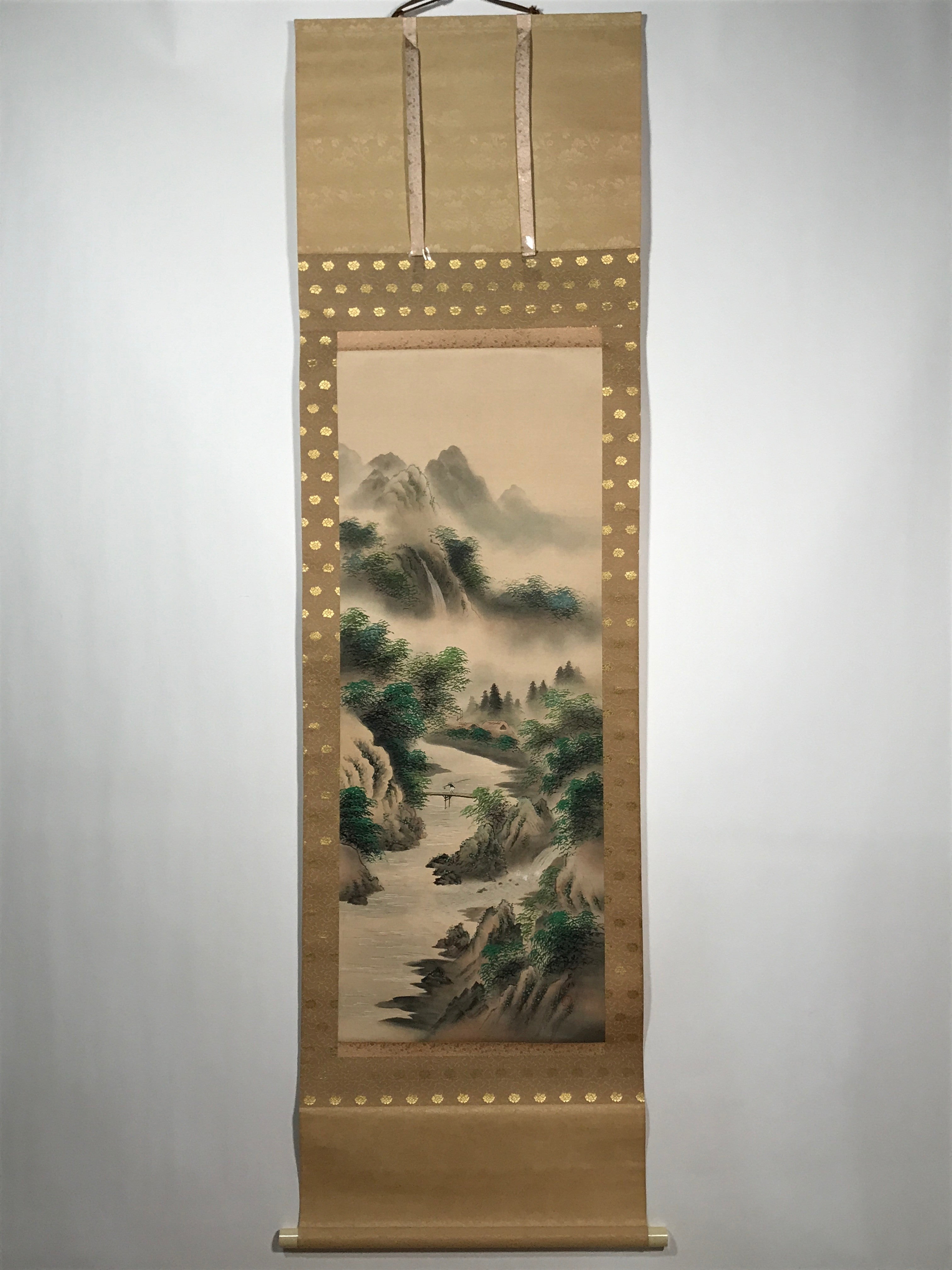 Japanese Hanging Scroll Waterfall River Bridge Mountain Sansui Kakejiku SC829