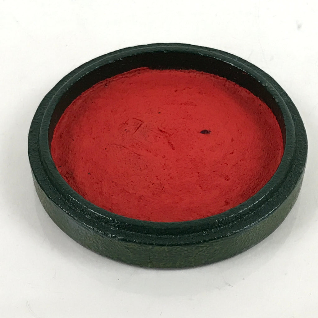 Japanese Hanko Ink pad Metal Case Iron Green Vtg Red Shuniku Wooden Box SZ59