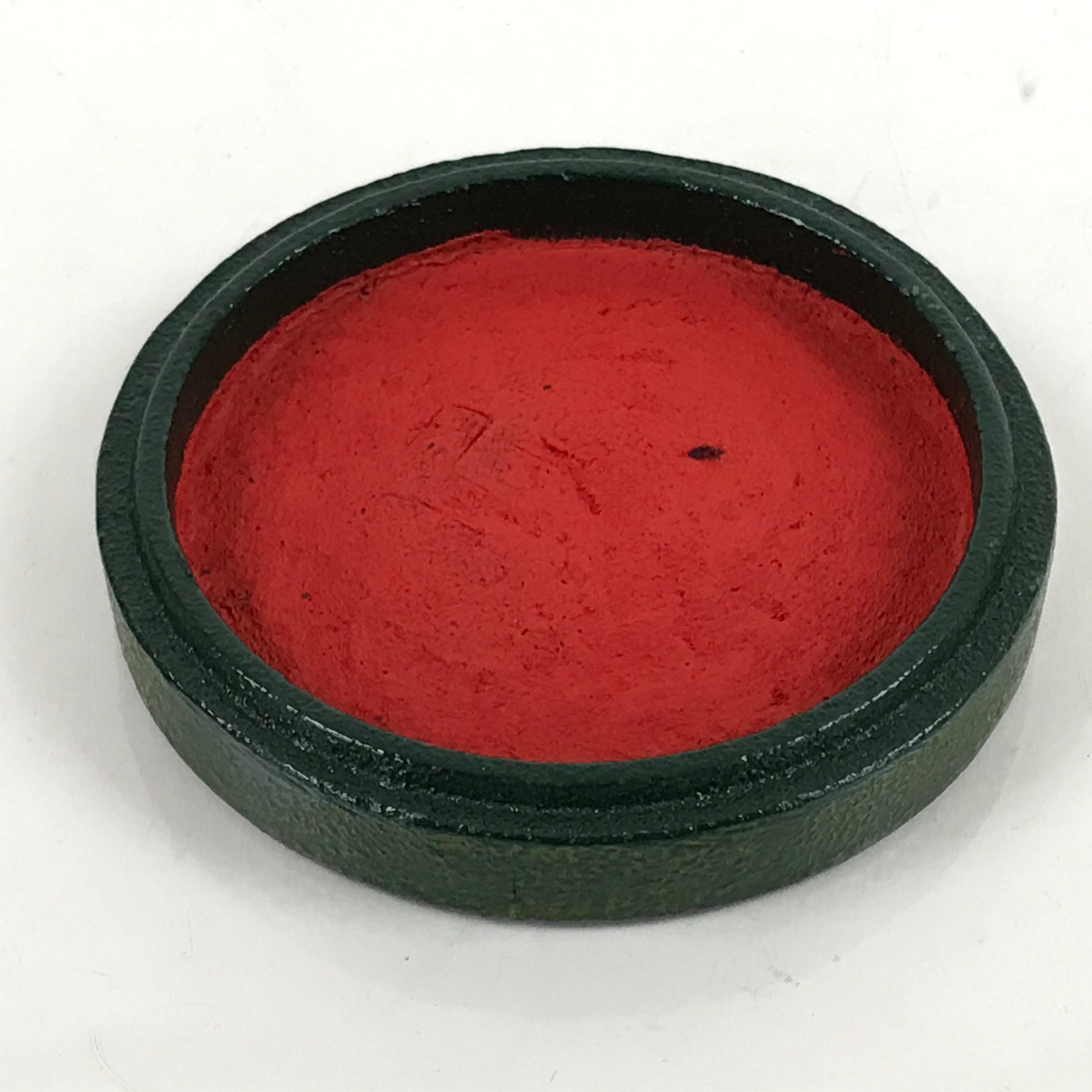 Japanese Hanko Ink pad Metal Case Iron Green Vtg Red Shuniku Wooden Box SZ59