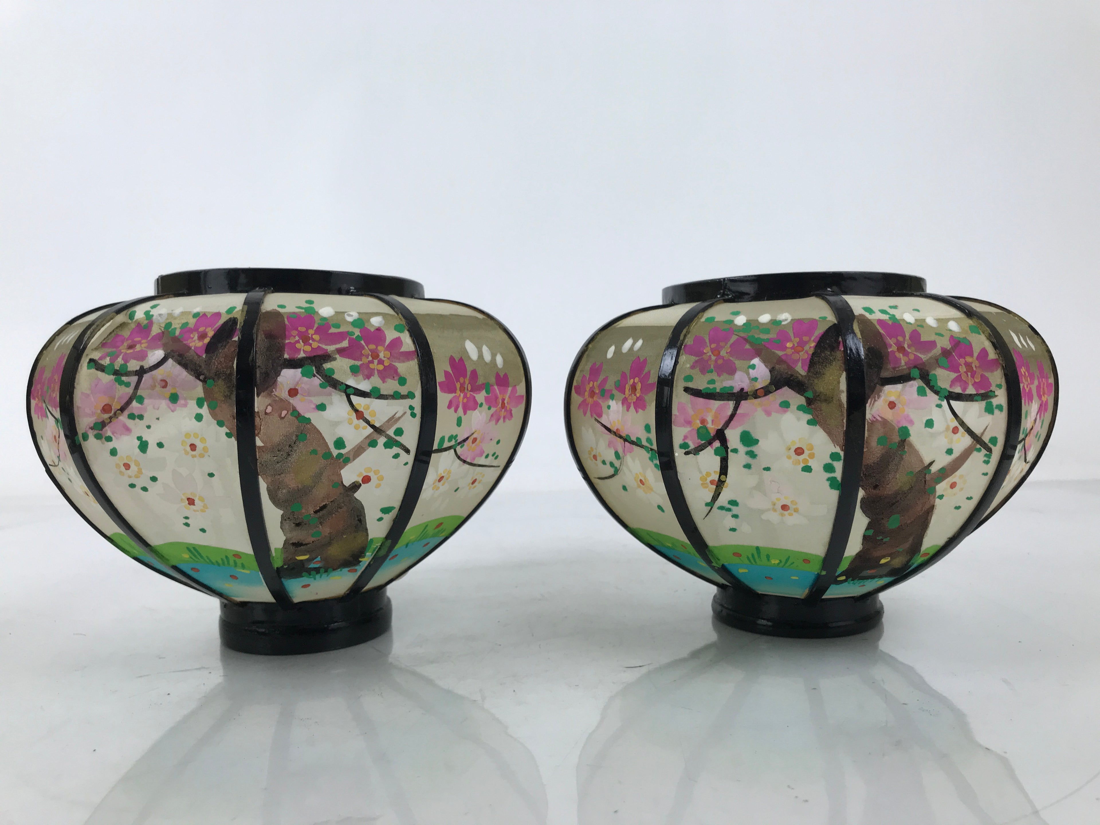 Japanese Hina Doll Furniture Lantern Vtg Bonbori Cherry Blossom Black Pink ID624