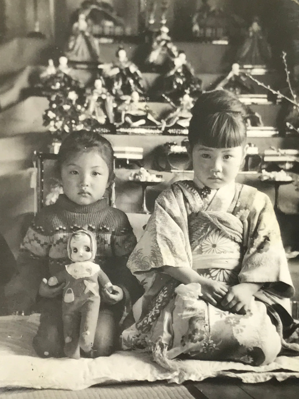 Japanese Hina Matsuri Sisters Photograph Doll Festival Kimono Black White PH251