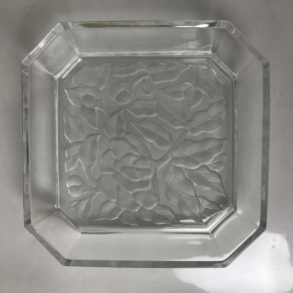 Japanese Hoya Glass Serving Dish Vtg Square Clear White Flowers Y250