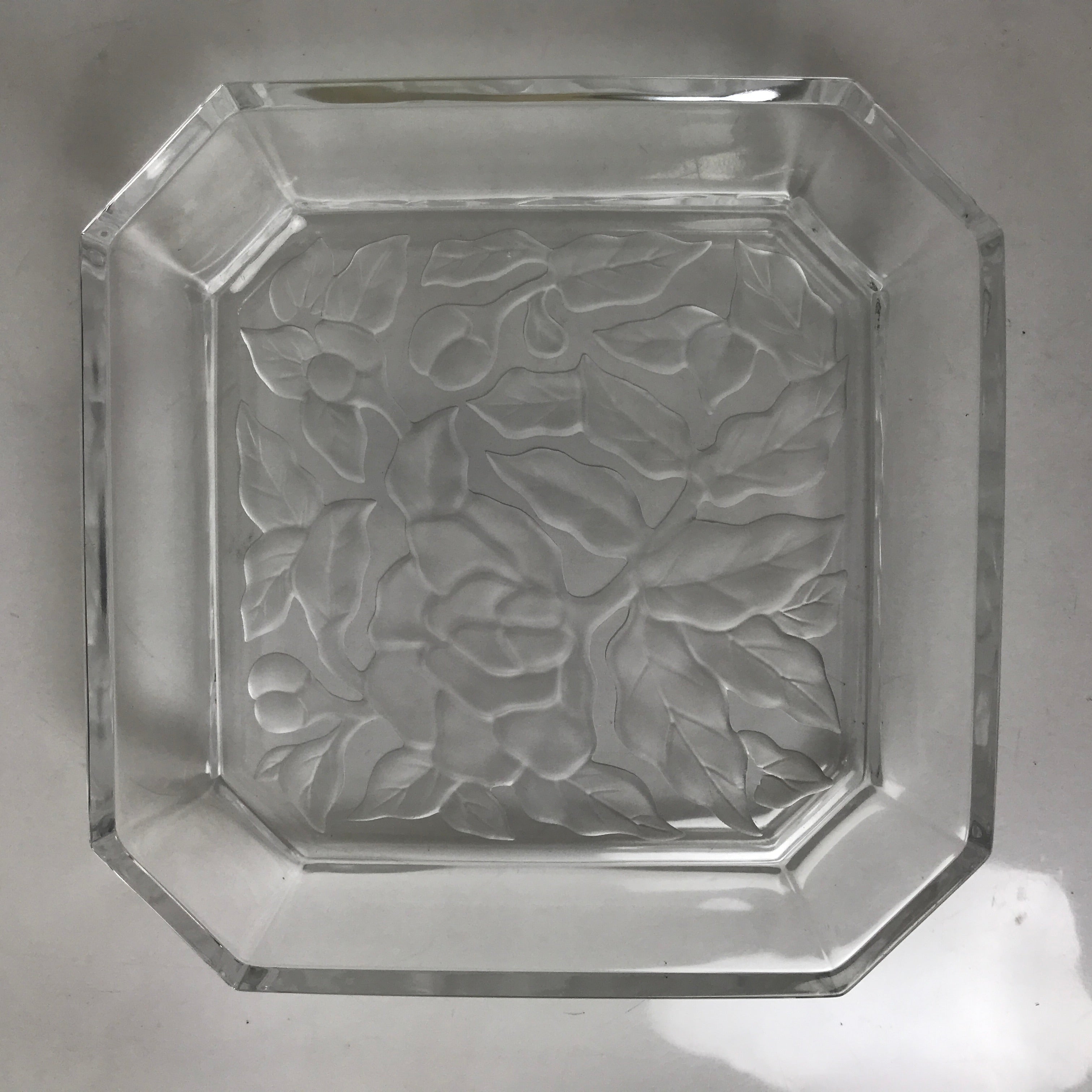 Japanese Hoya Glass Serving Dish Vtg Square Clear White Flowers Y250
