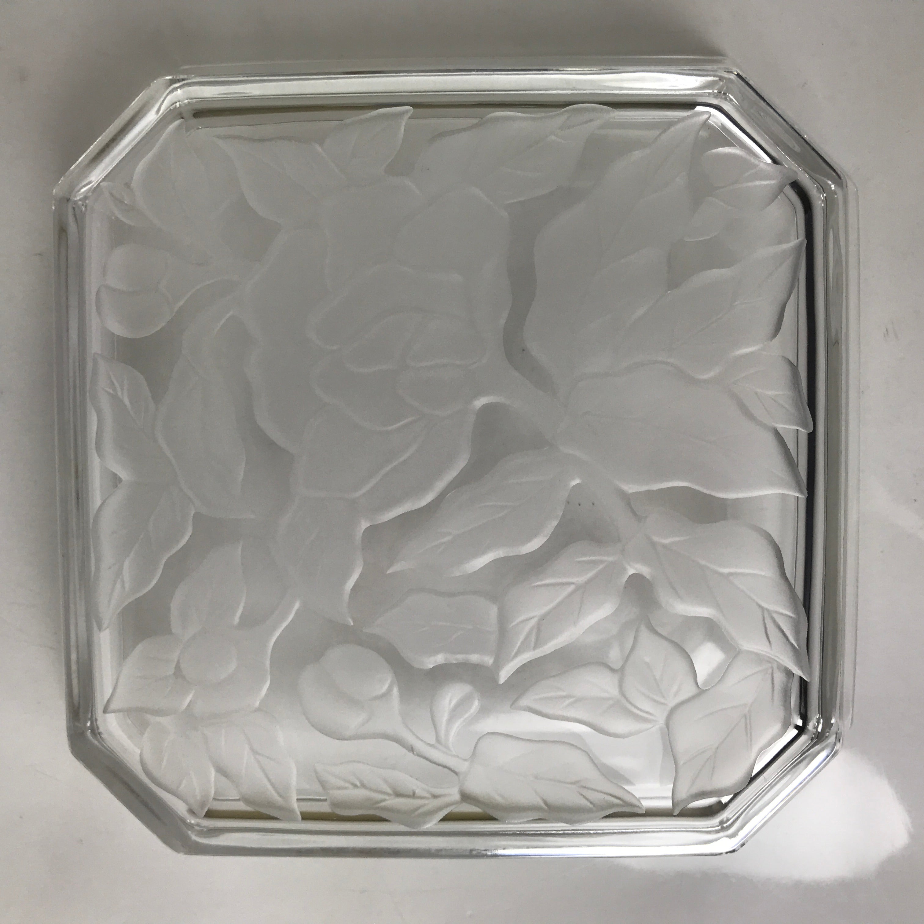 Japanese Hoya Glass Serving Dish Vtg Square Clear White Flowers Y250