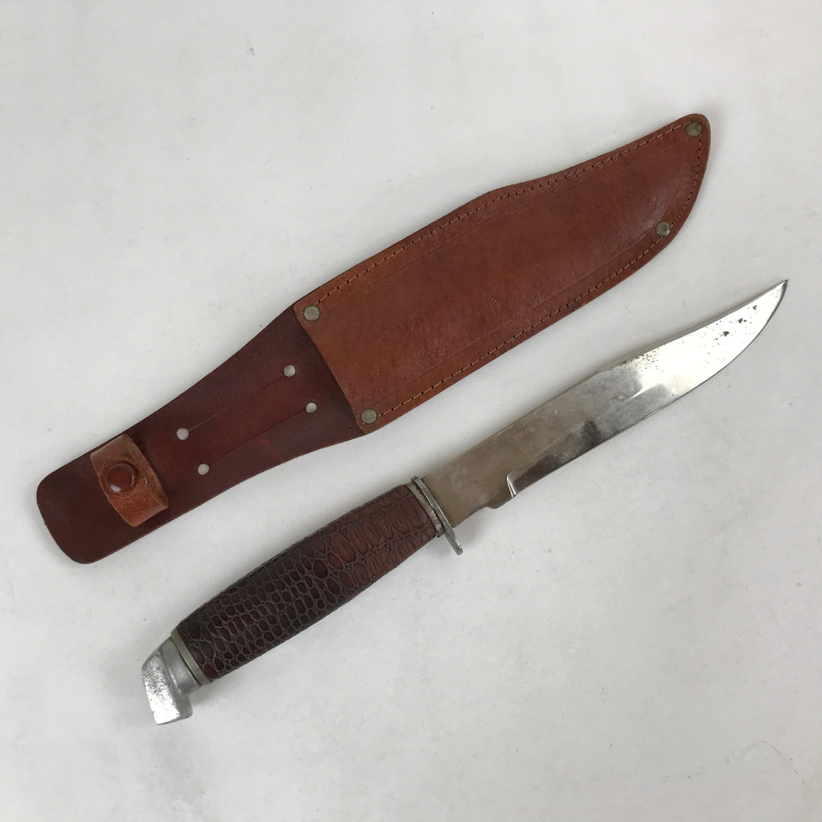 Japanese Hunting Knife Vtg 16cm Blade W/ Leather Scabbard Brown KN11 ...