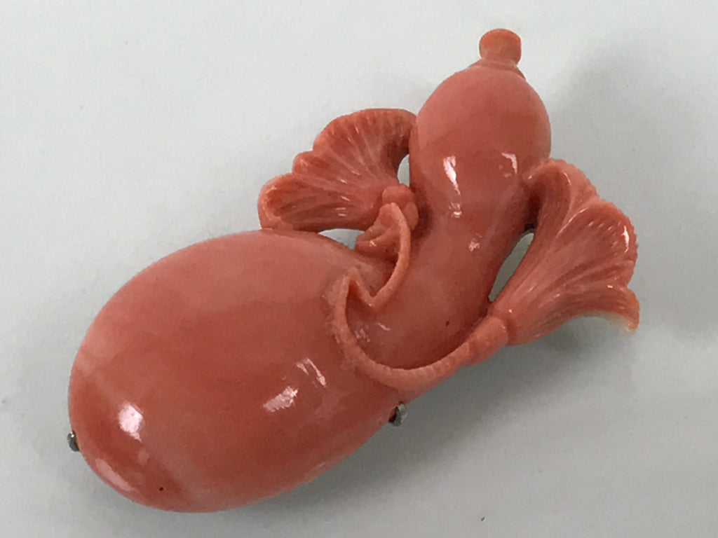 Japanese Hyotan Gourd Obidome Vtg Netsuke Brooch Sango Pink Coral Boxed SP4