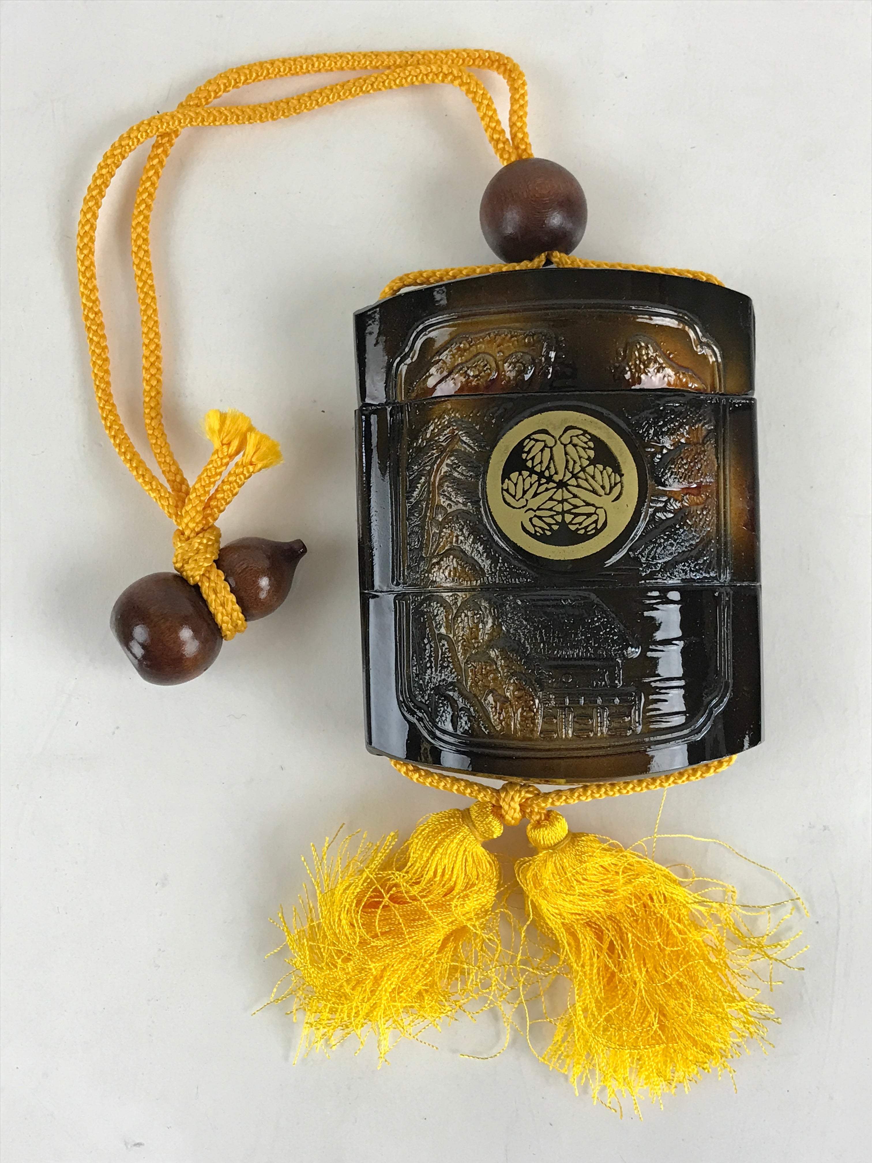 Japanese Inro Portable Container Medicine Case Vtg Aoi Crest Crane Black Gold JK508