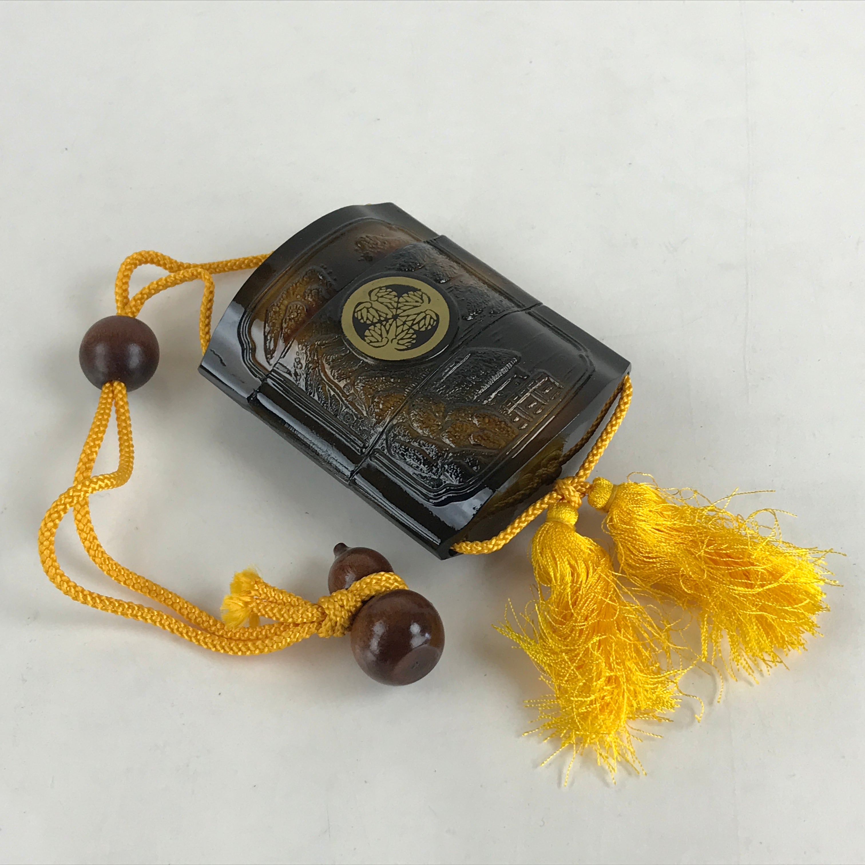 Japanese Inro Portable Container Medicine Case Vtg Aoi Crest Crane Black Gold JK508