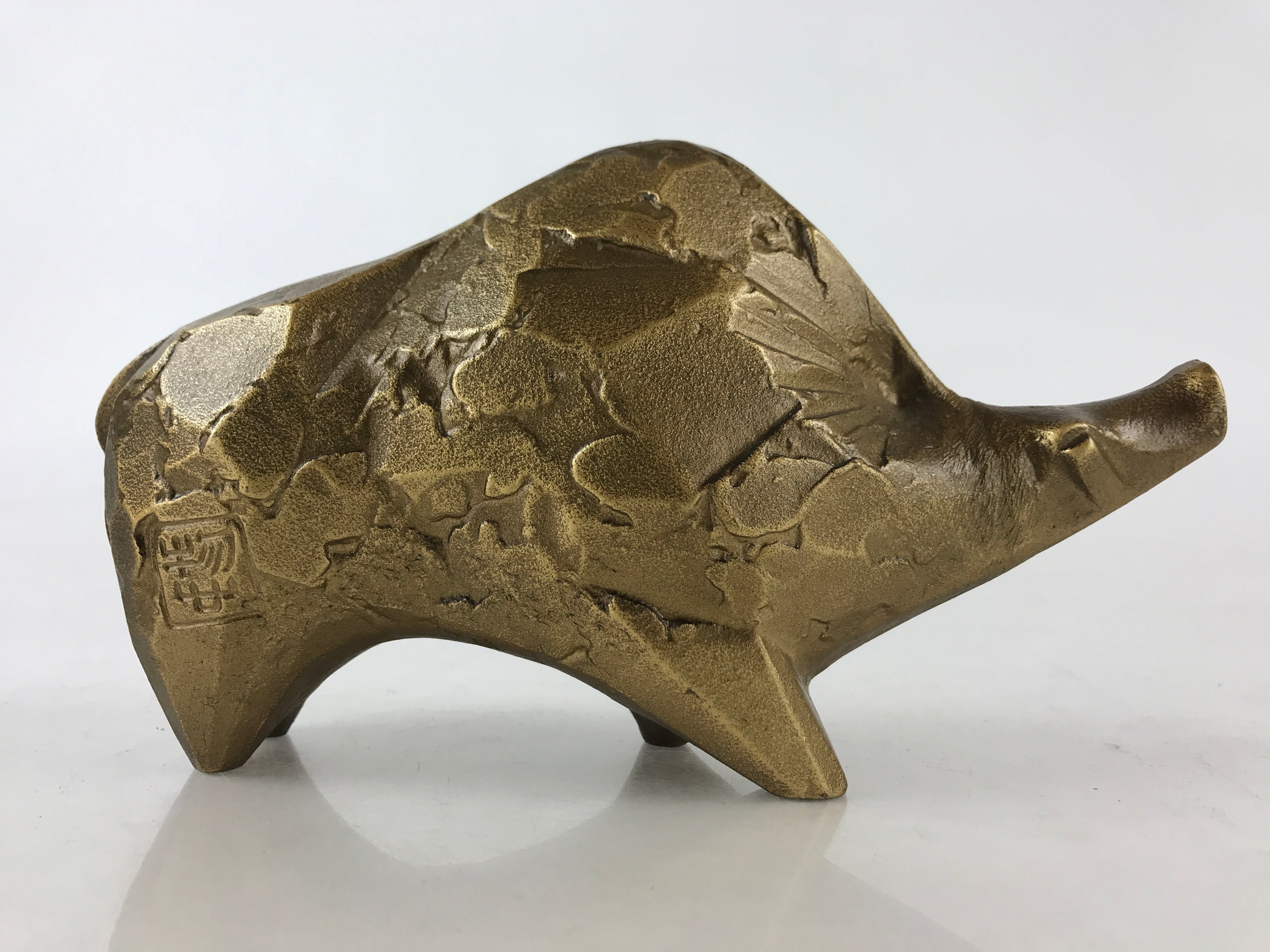 Japanese Iron Engraving Statue Zodiac Boar Vtg Sotaro Saegusa Metal Gold BD890