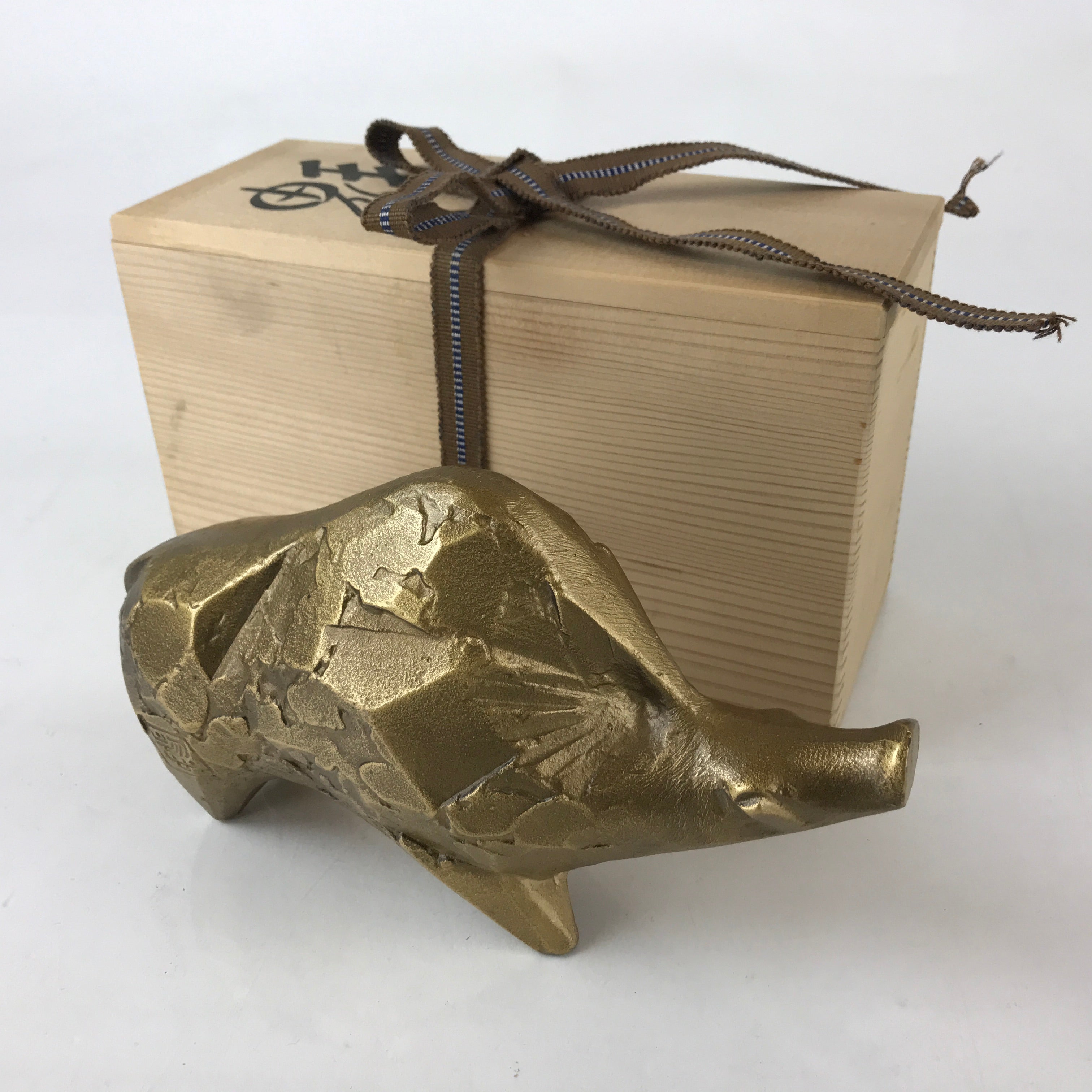 Japanese Iron Engraving Statue Zodiac Boar Vtg Sotaro Saegusa Metal Gold BD890