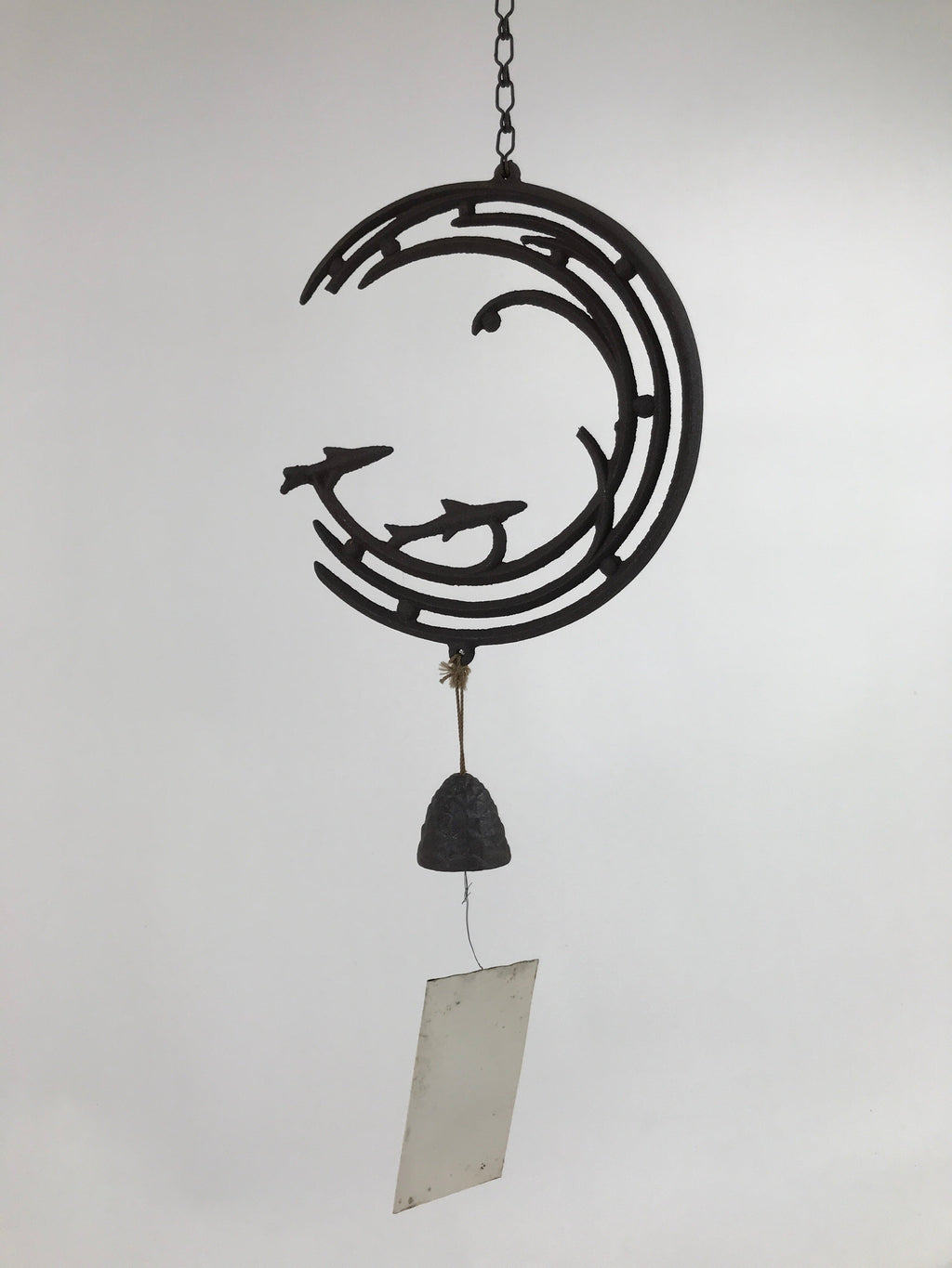Japanese Iron Furin Wind Chime Tetsurin Vtg Bell Chain Ocean Waves Fish DR529