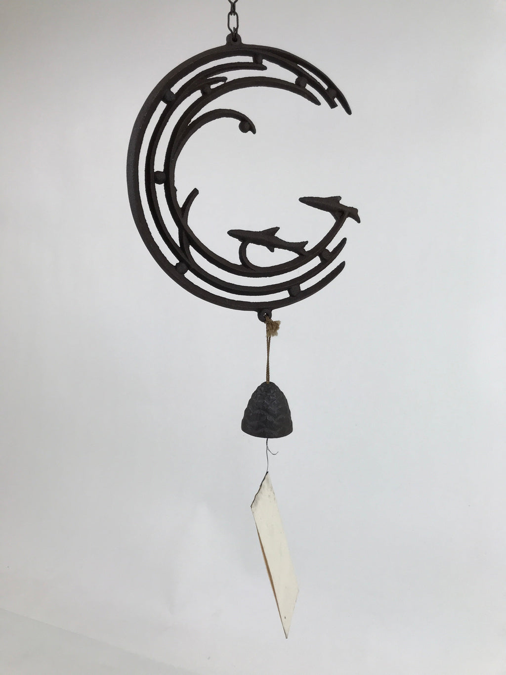 Japanese Iron Furin Wind Chime Tetsurin Vtg Bell Chain Ocean Waves Fish DR529
