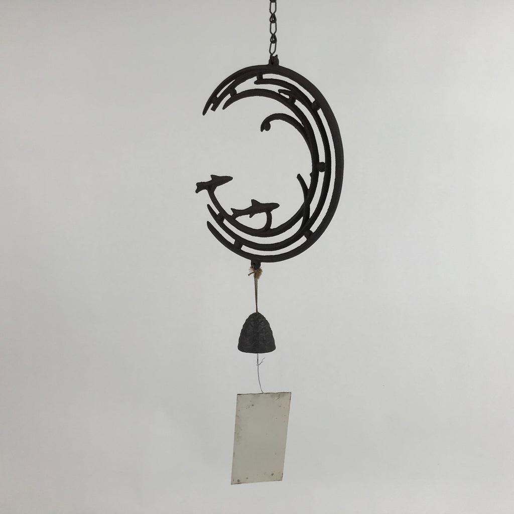 Japanese Iron Furin Wind Chime Tetsurin Vtg Bell Chain Ocean Waves Fish DR529