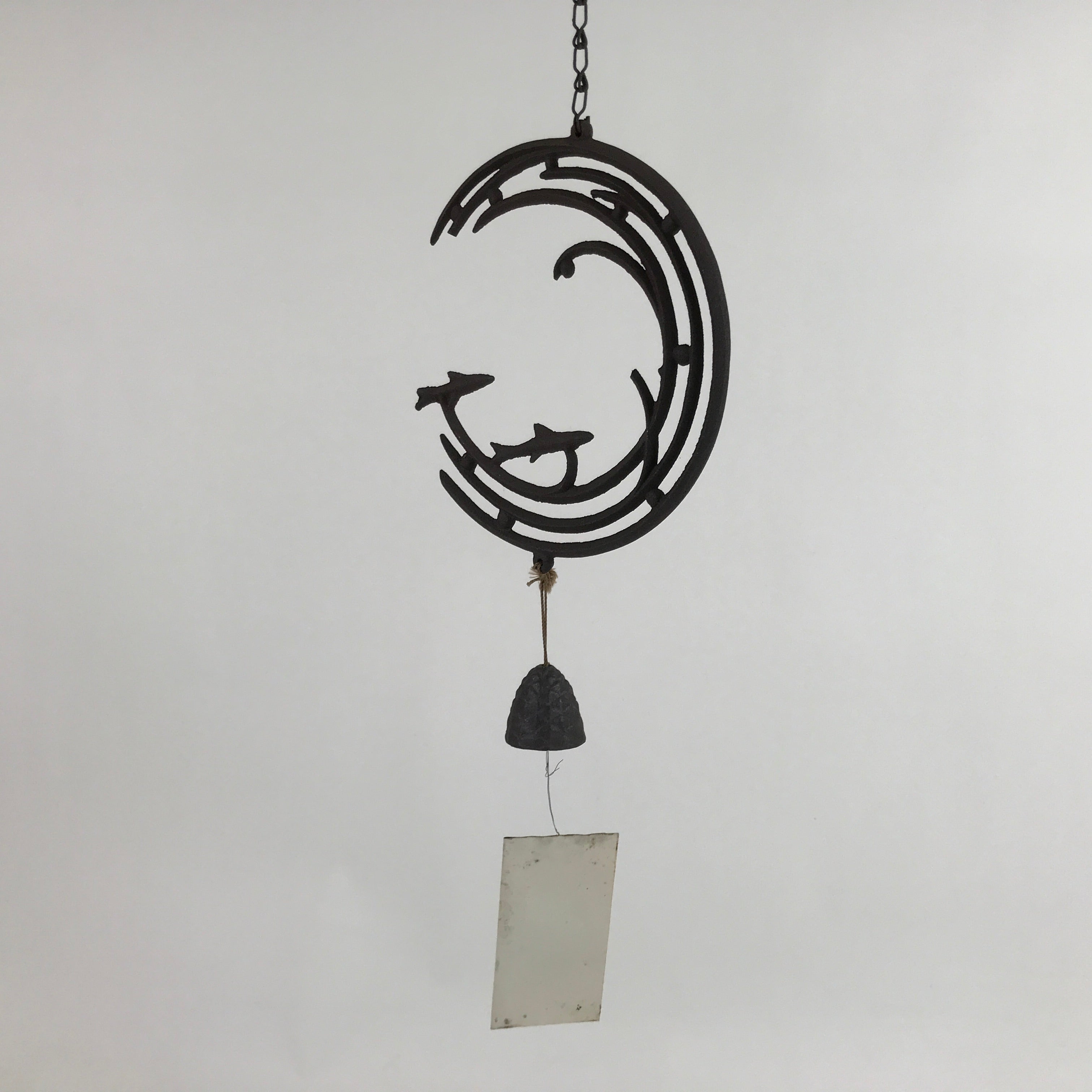 Japanese Iron Furin Wind Chime Tetsurin Vtg Bell Chain Ocean Waves Fish DR529