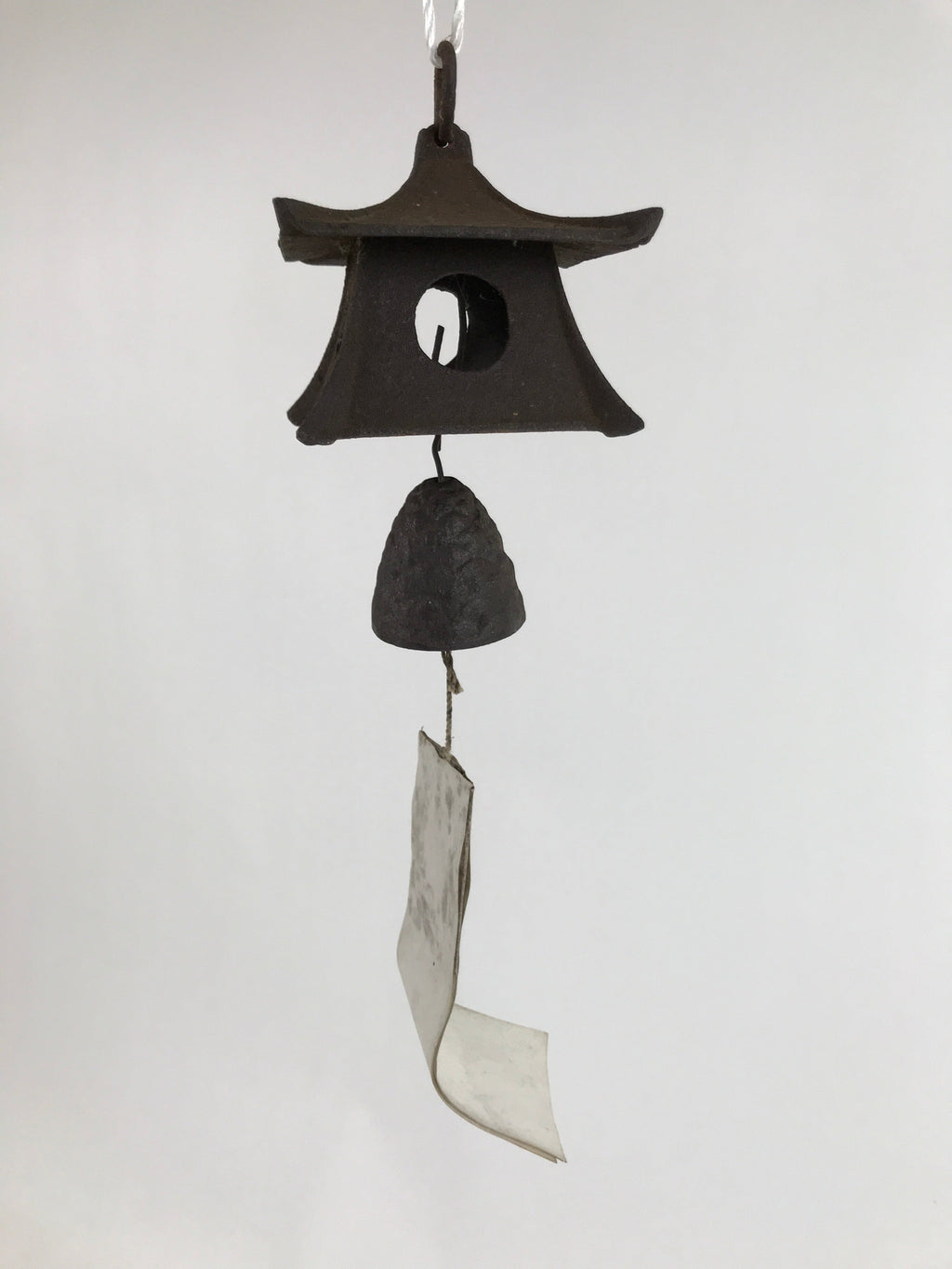 Japanese Iron Furin Wind Chime Tetsurin Vtg Bell Moon Lantern Paper Amulet DR525