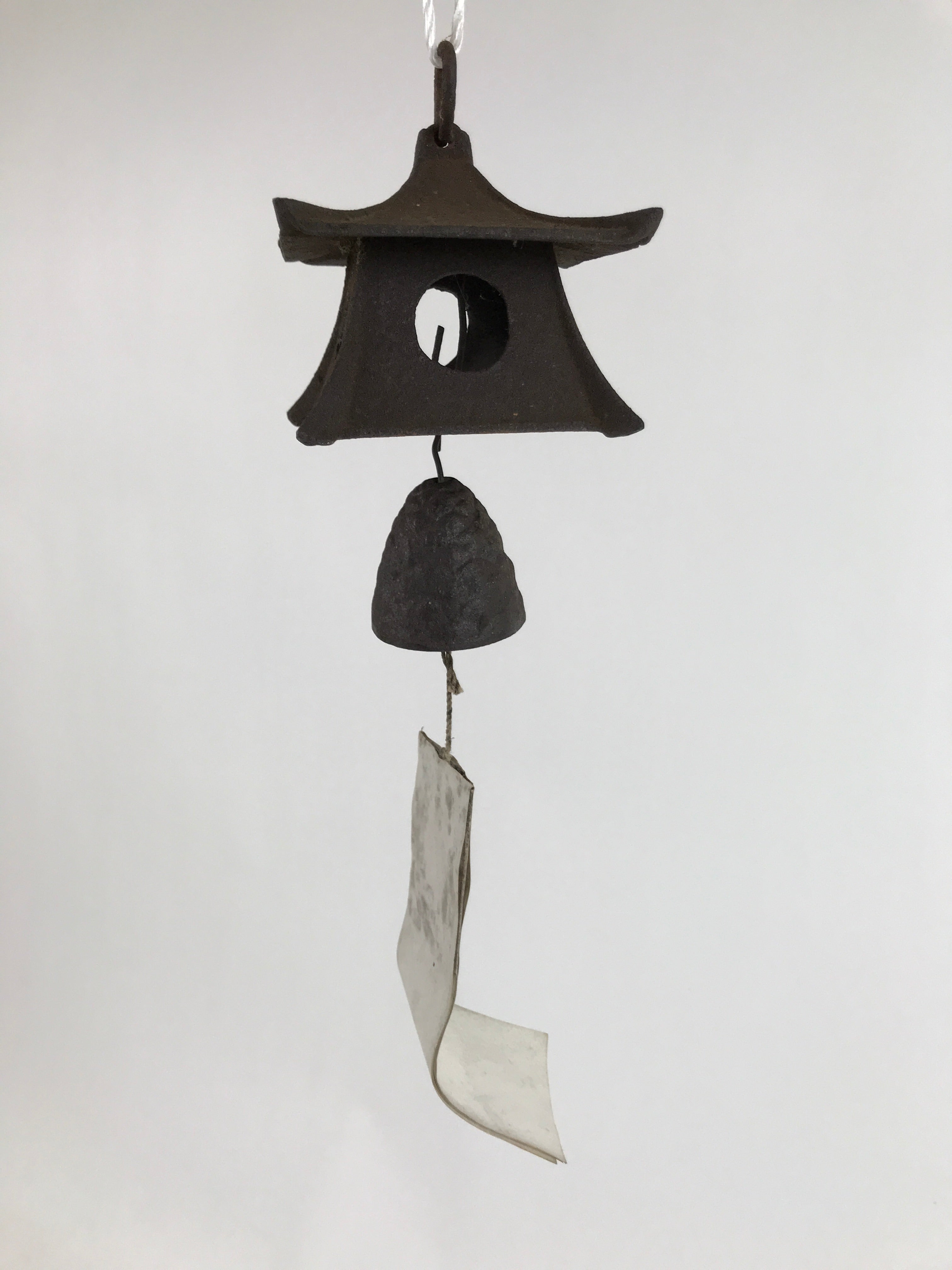 Japanese Iron Furin Wind Chime Tetsurin Vtg Bell Moon Lantern Paper Amulet DR525