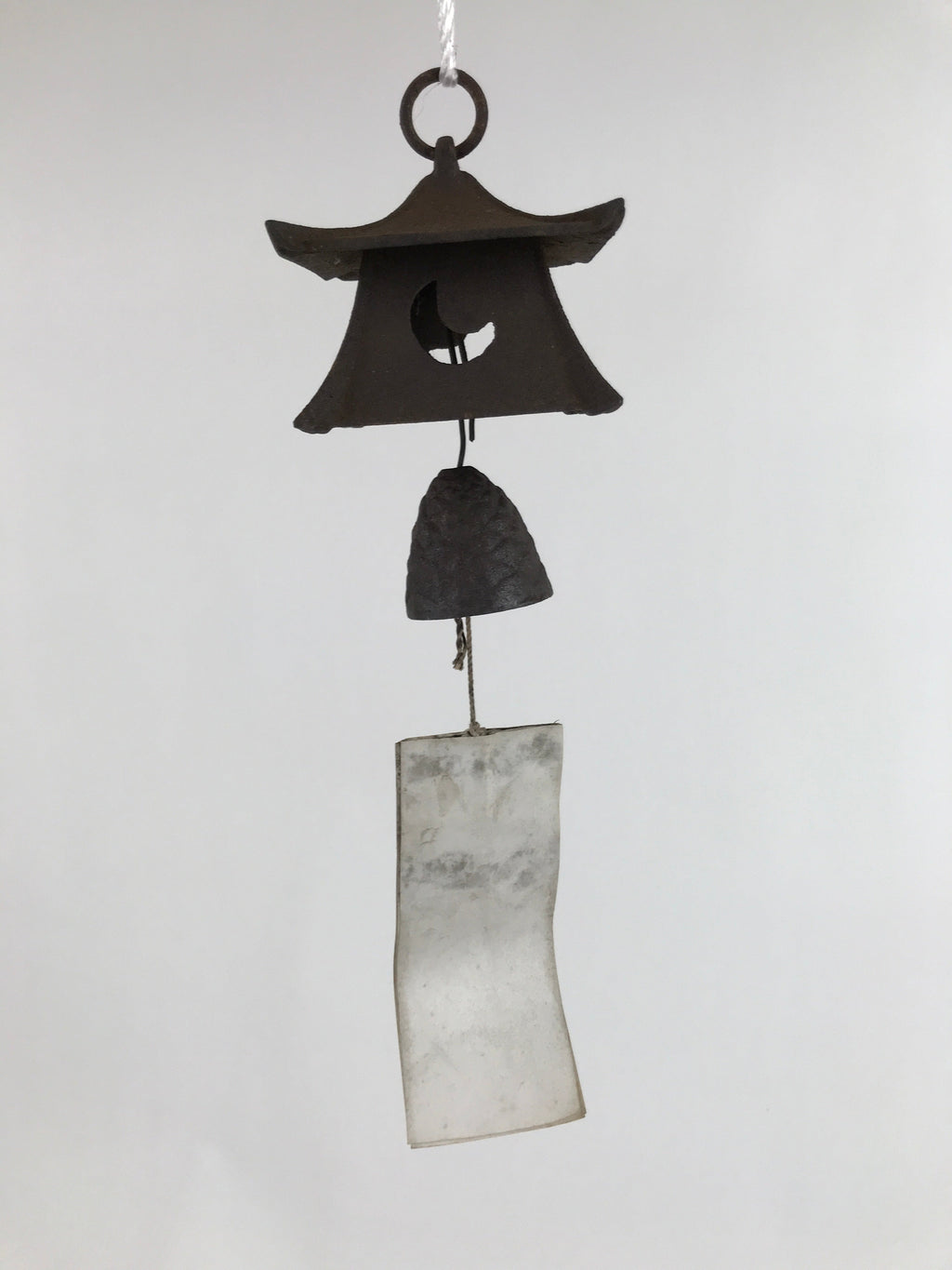 Japanese Iron Furin Wind Chime Tetsurin Vtg Bell Moon Lantern Paper Amulet DR525
