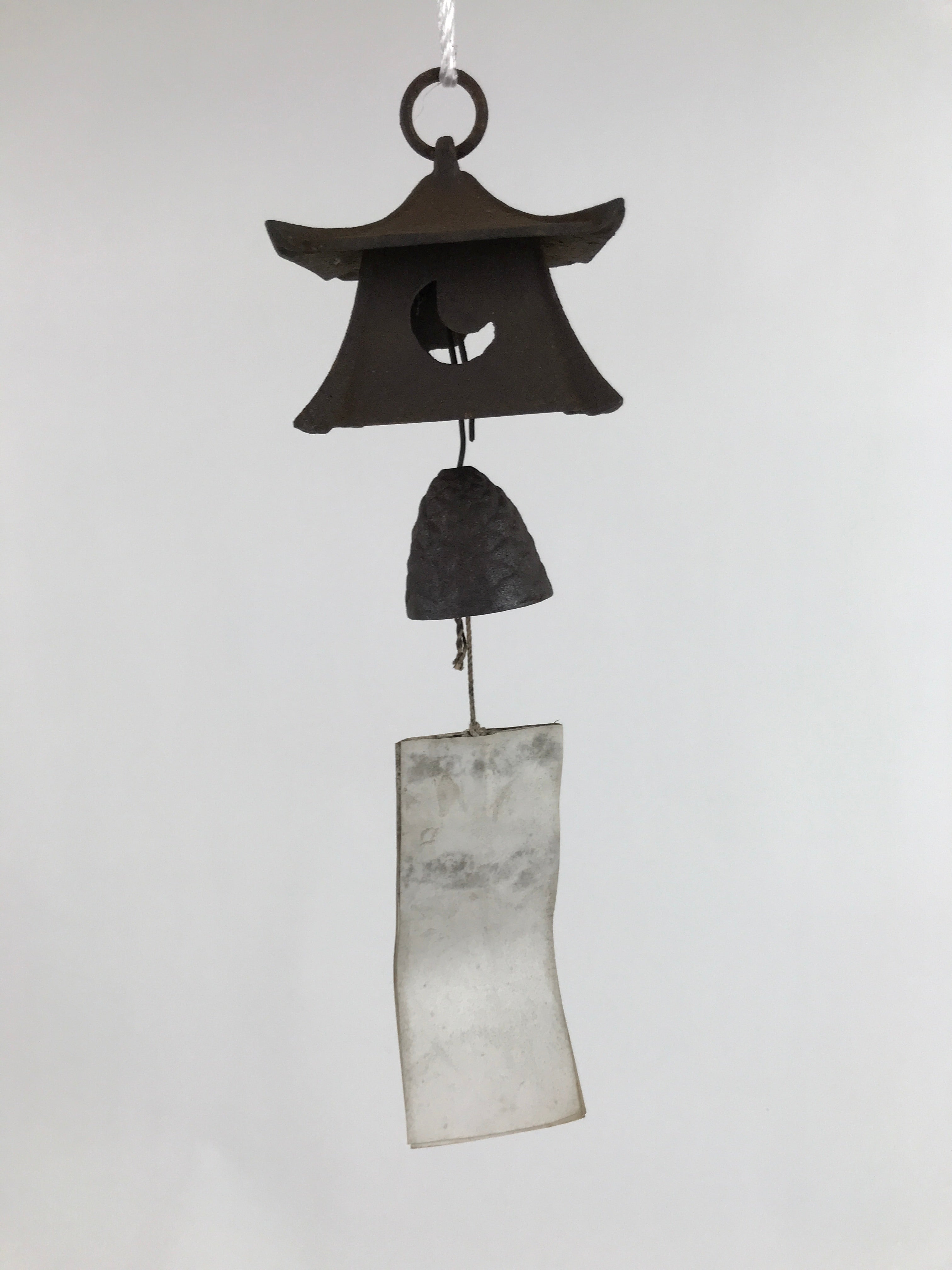 Japanese Iron Furin Wind Chime Tetsurin Vtg Bell Moon Lantern Paper Amulet DR525