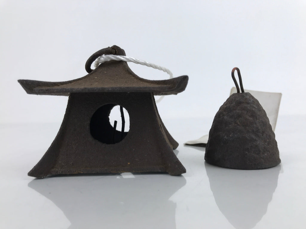 Japanese Iron Furin Wind Chime Tetsurin Vtg Bell Moon Lantern Paper Amulet DR525