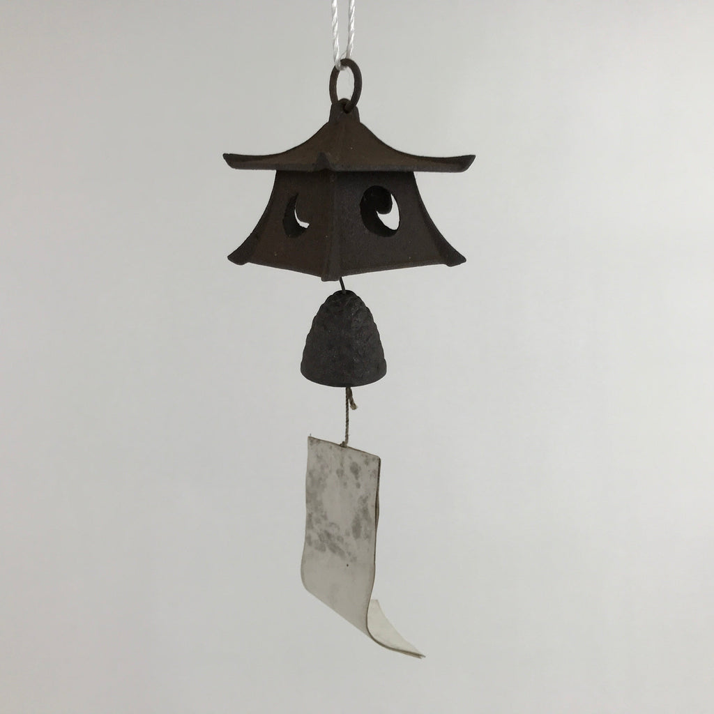 Japanese Iron Furin Wind Chime Tetsurin Vtg Bell Moon Lantern Paper Amulet DR525