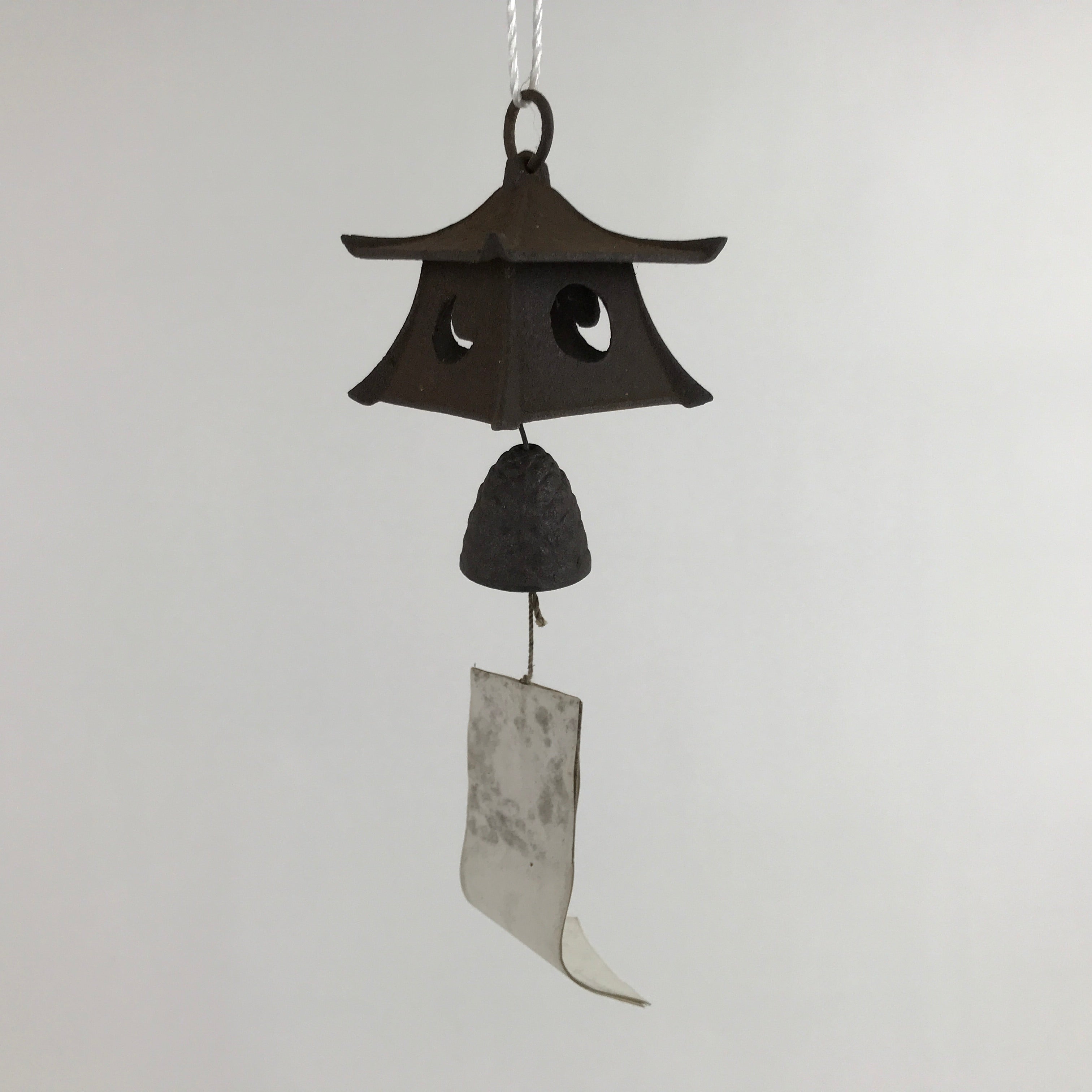 Japanese Iron Furin Wind Chime Tetsurin Vtg Bell Moon Lantern Paper Amulet DR525