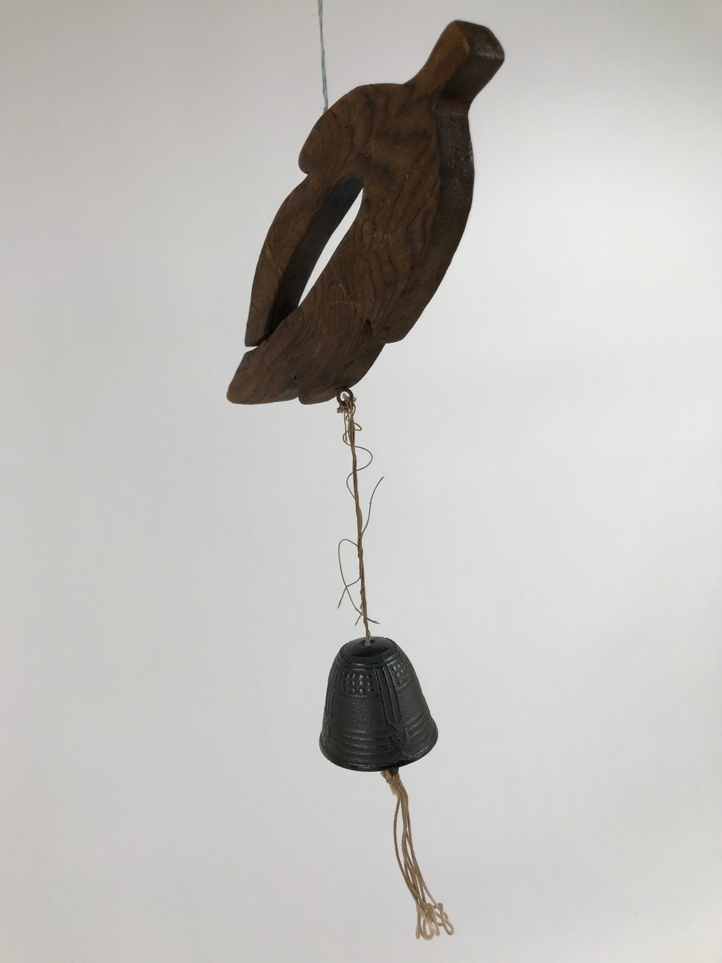 Japanese Iron Furin Wind Chime Tetsurin Vtg Bell Wooden Feather Charm DR528