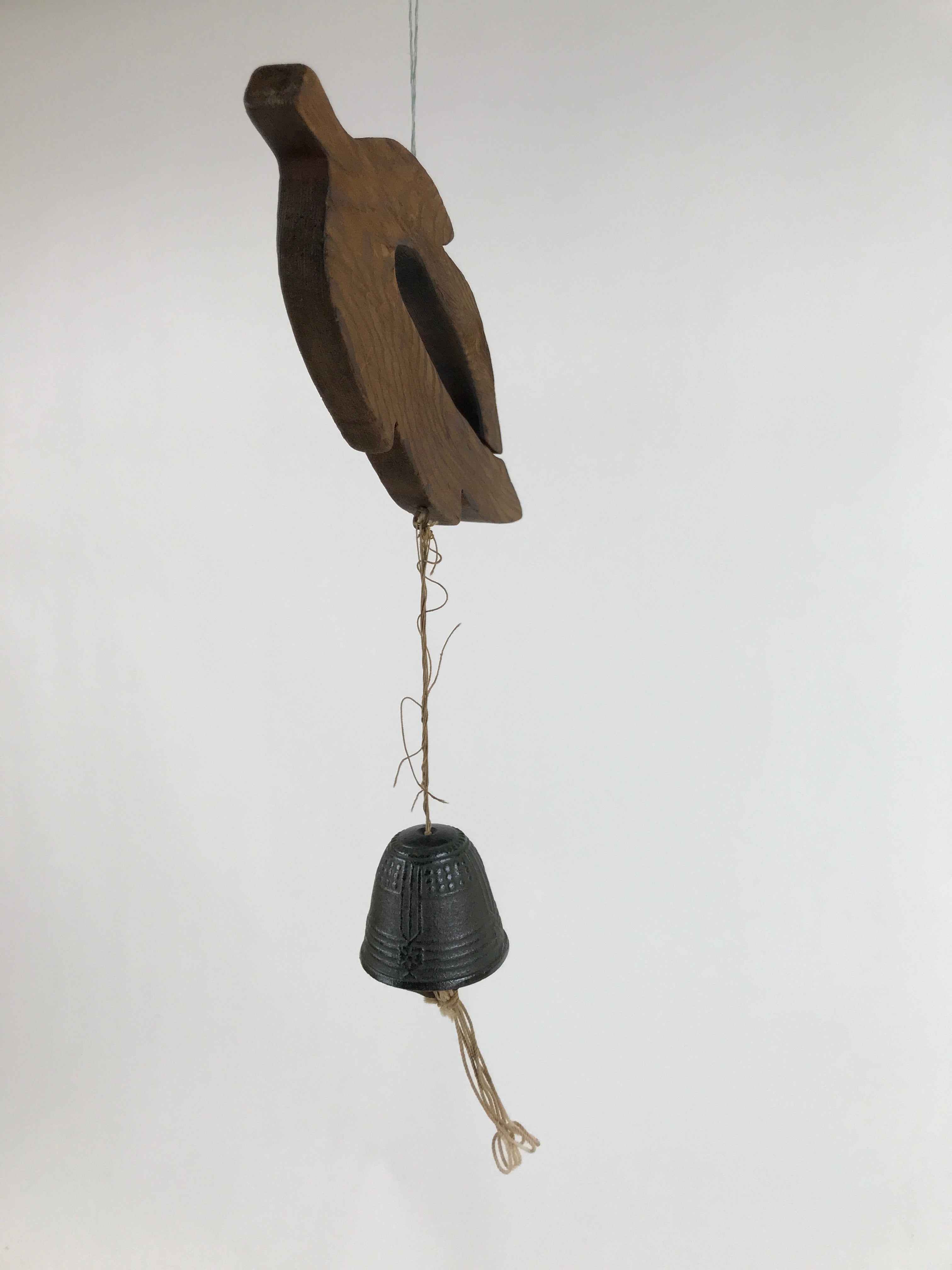 Japanese Iron Furin Wind Chime Tetsurin Vtg Bell Wooden Feather Charm DR528