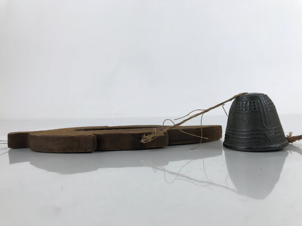 Japanese Iron Furin Wind Chime Tetsurin Vtg Bell Wooden Feather Charm DR528