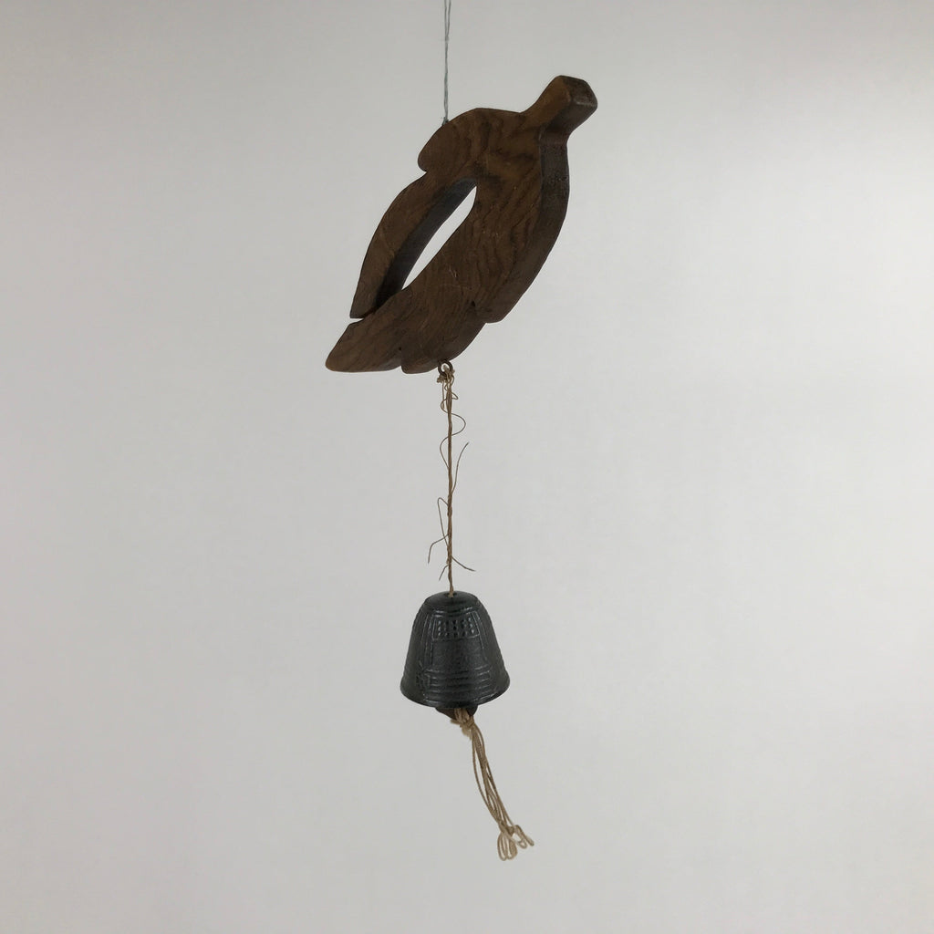 Japanese Iron Furin Wind Chime Tetsurin Vtg Bell Wooden Feather Charm DR528