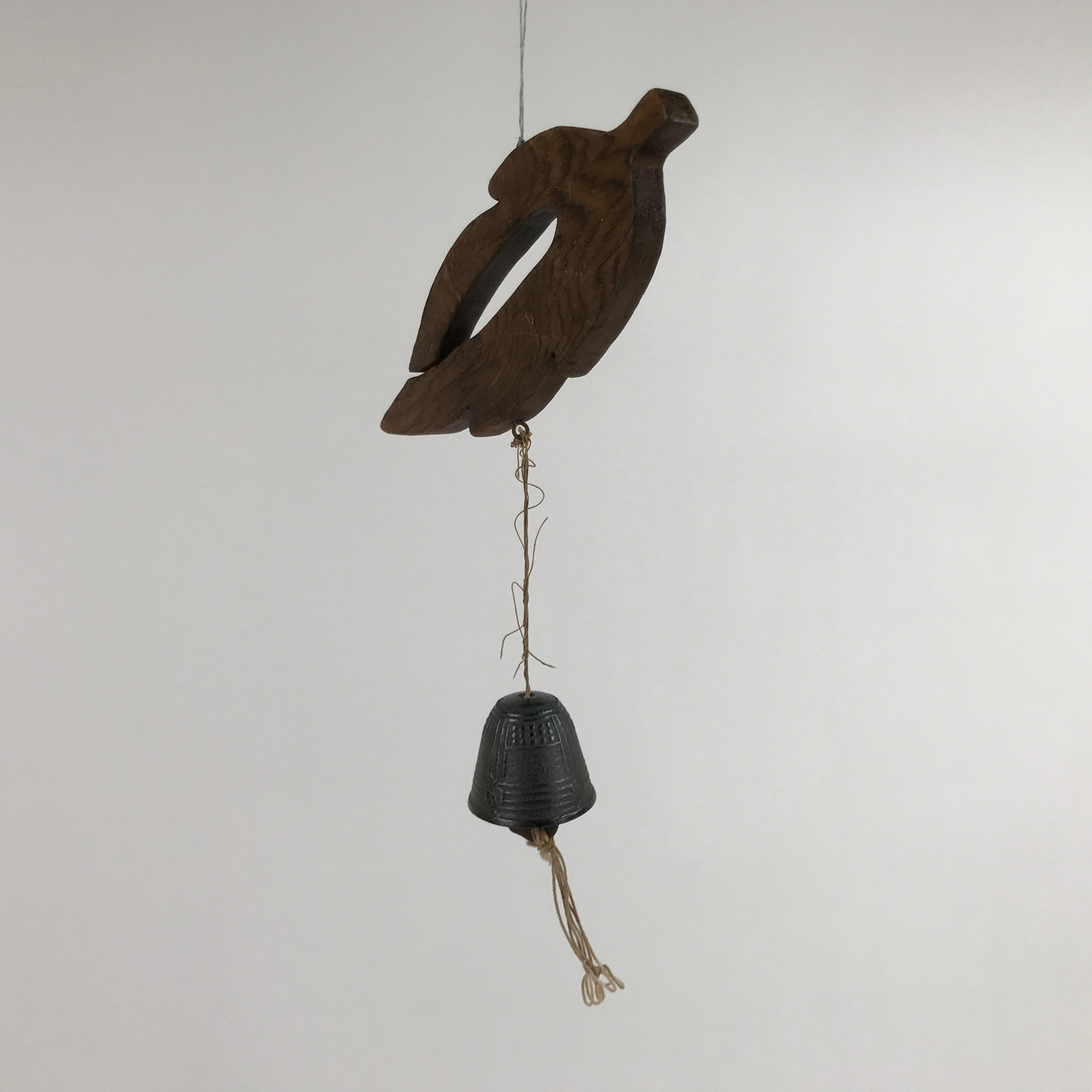 Japanese Iron Furin Wind Chime Tetsurin Vtg Bell Wooden Feather Charm DR528