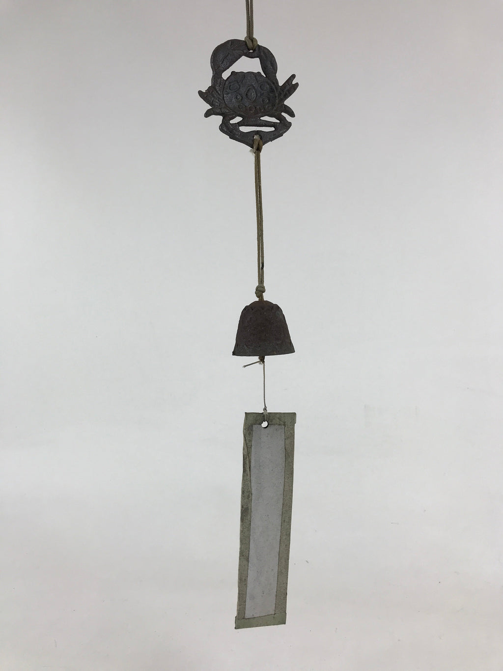 Japanese Iron Furin Wind Chime Tetsurin Vtg Crab Brown String Paper DR489