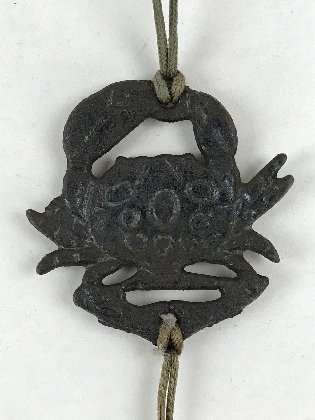 Japanese Iron Furin Wind Chime Tetsurin Vtg Crab Brown String Paper DR489