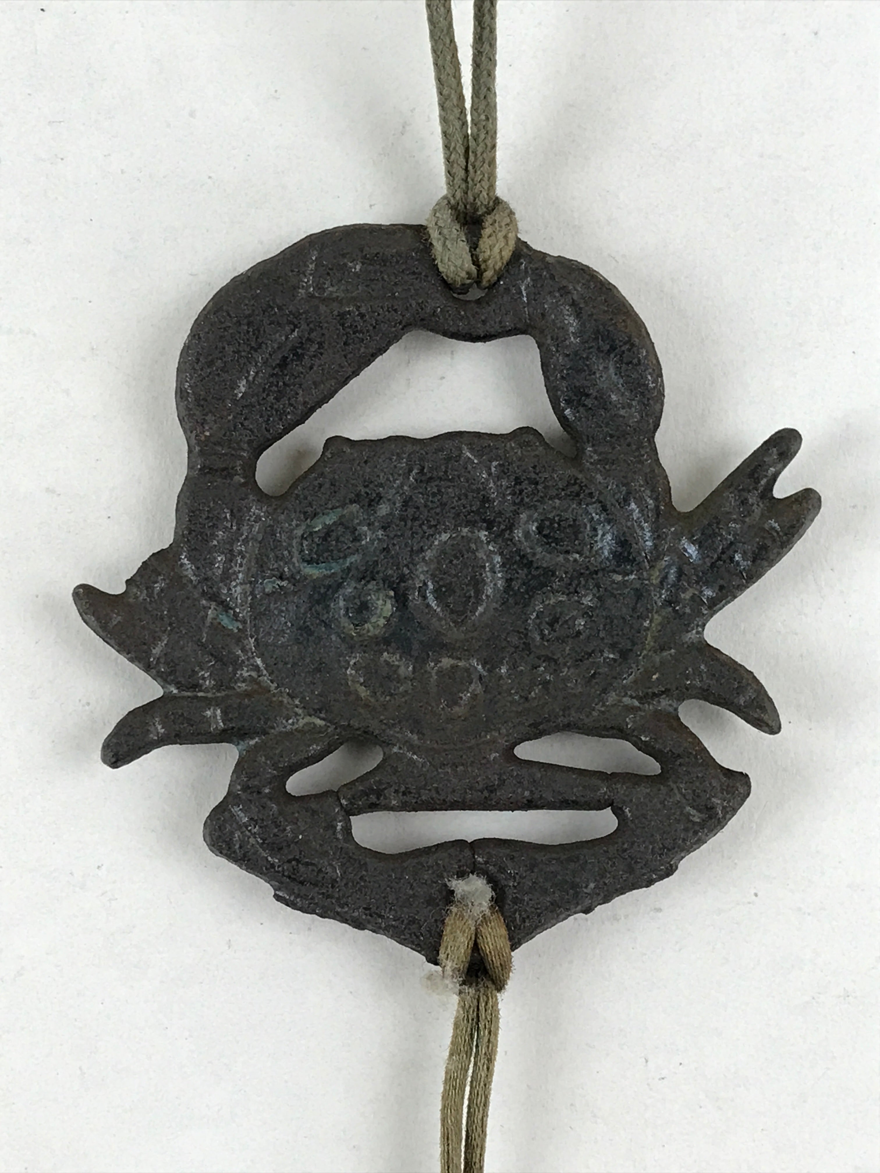 Japanese Iron Furin Wind Chime Tetsurin Vtg Crab Brown String Paper DR489