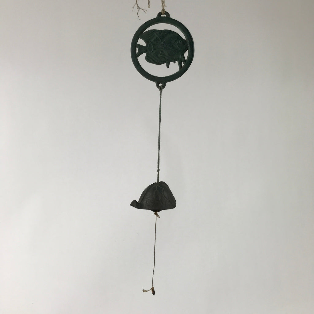Japanese Iron Furin Wind Chime Tetsurin Vtg Green Bell Palette Fish Charm DR565