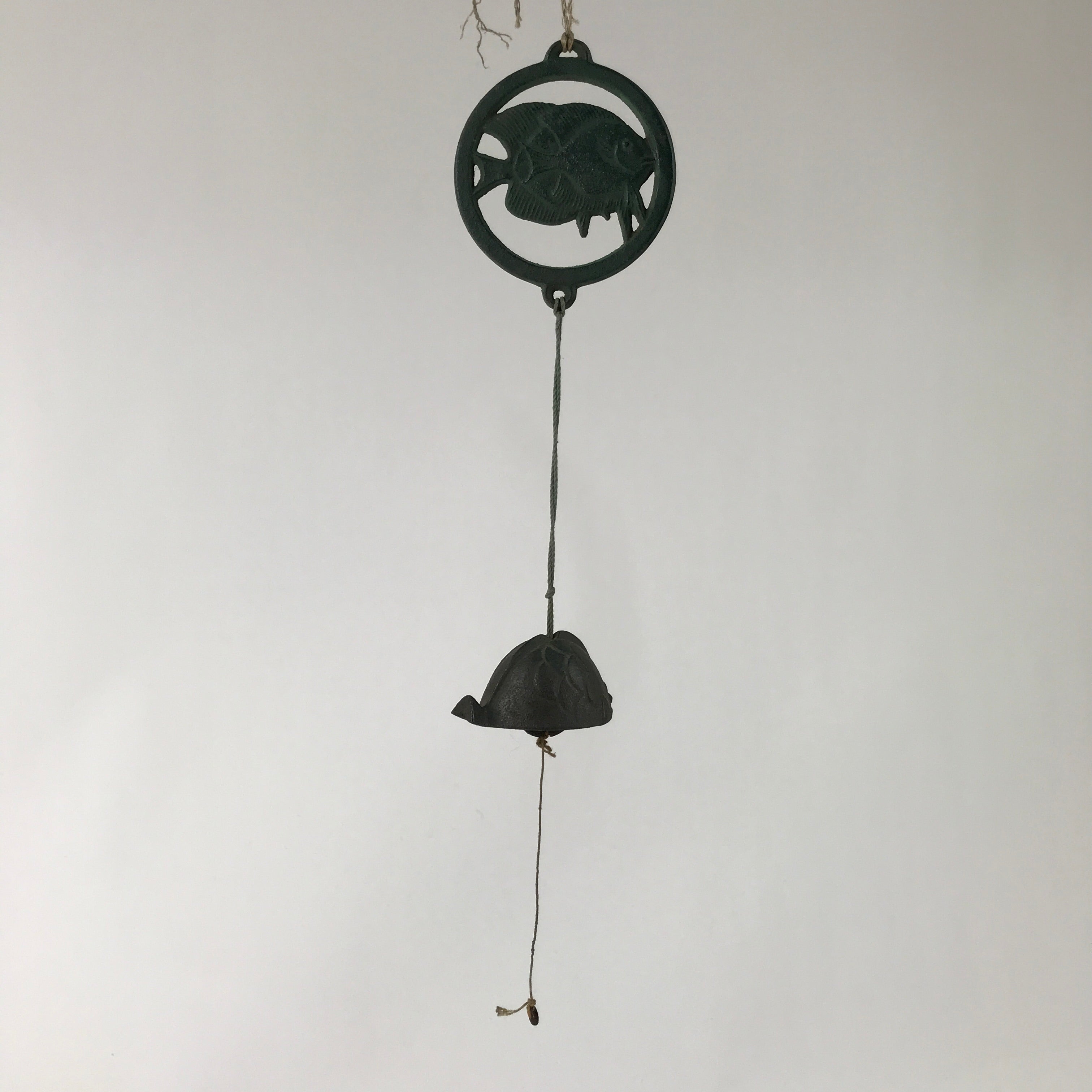 Japanese Iron Furin Wind Chime Tetsurin Vtg Green Bell Palette Fish Charm DR565