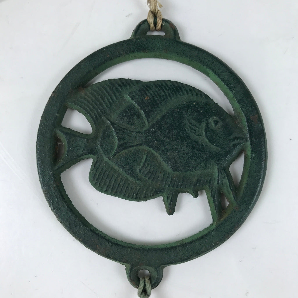 Japanese Iron Furin Wind Chime Tetsurin Vtg Green Bell Palette Fish Charm DR565