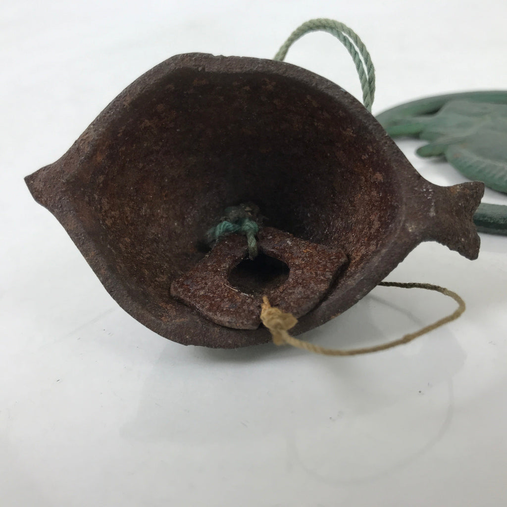 Japanese Iron Furin Wind Chime Tetsurin Vtg Green Bell Palette Fish Charm DR565