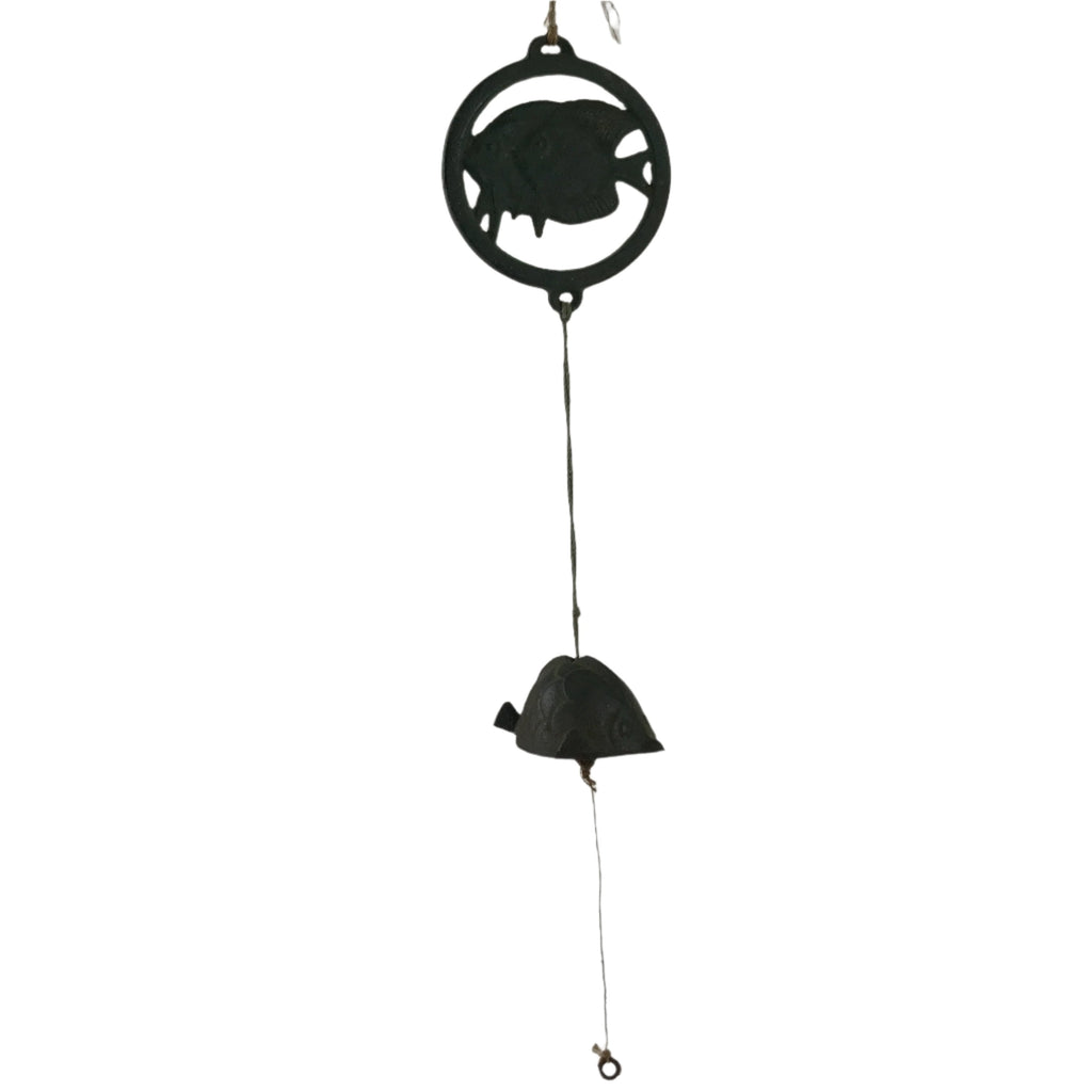 Japanese Iron Furin Wind Chime Tetsurin Vtg Green Bell Palette Fish Charm DR565